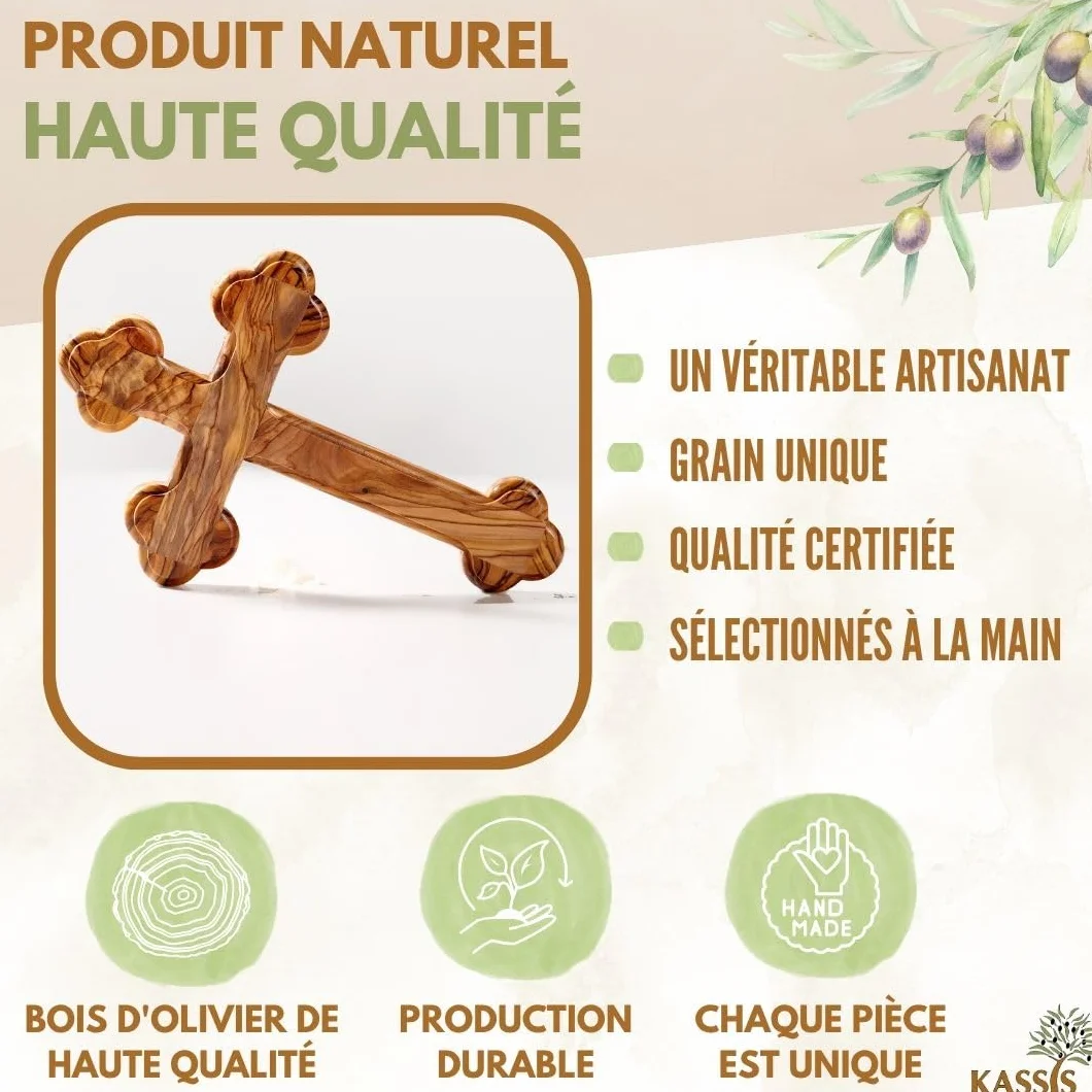 Croix murale en bois d'olivier – Croix chrétienne faite main à Bethléem – 12 x 8 cm, Bords arrondis