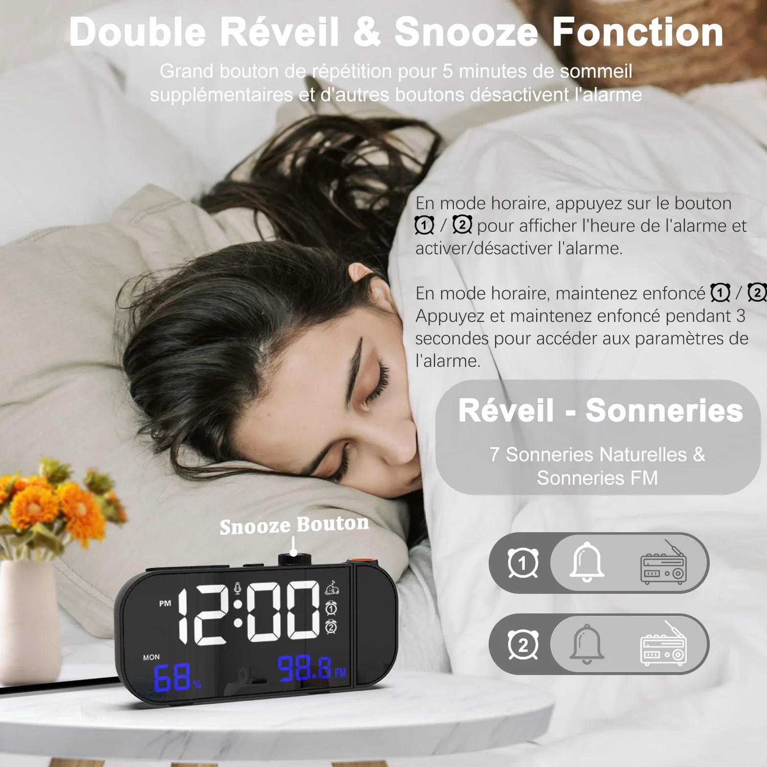Radio Réveil Numérique avec Projecteur Plafond, Température et Humidité, Double Réveil Snooze, Charge USB - Blanc