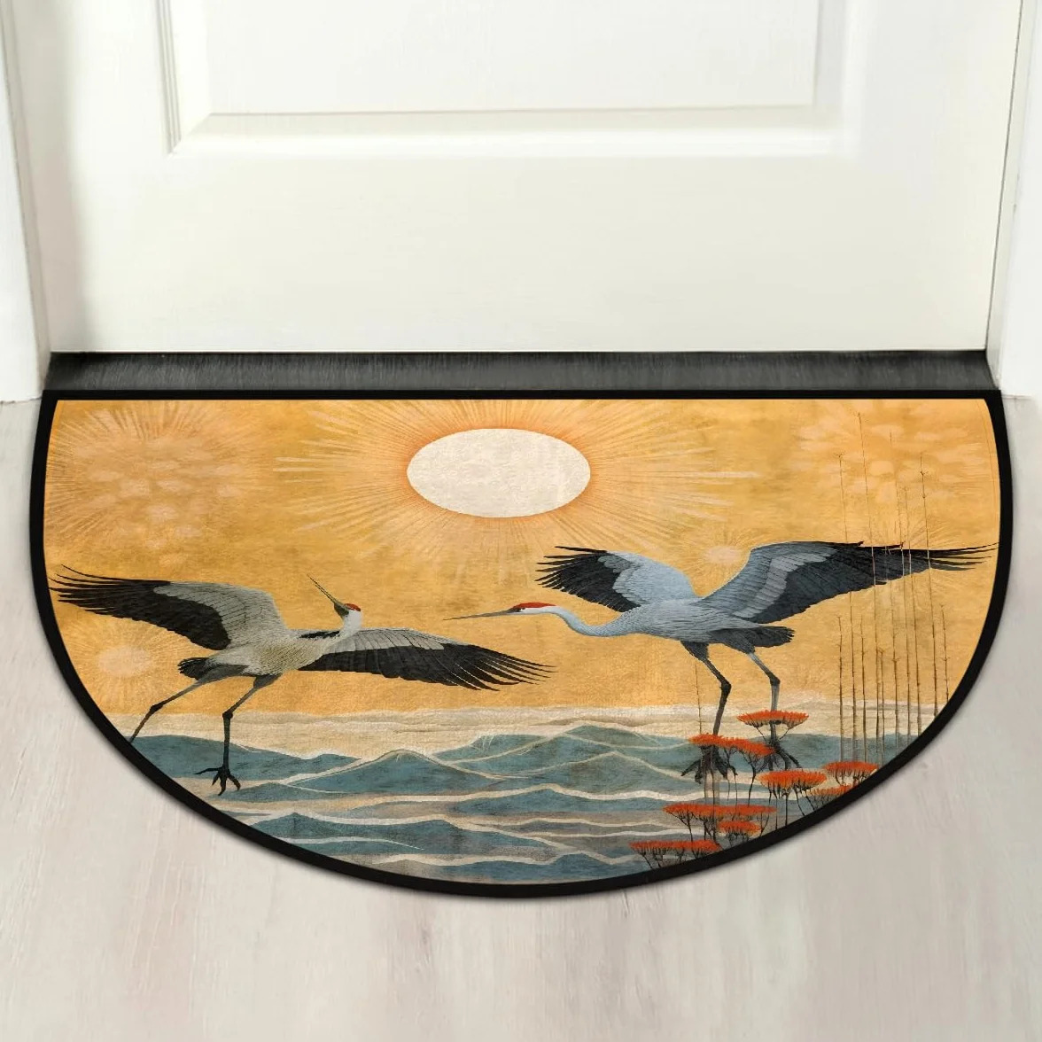 Grand paillasson vintage chinois grue oiseaux demi-lune tapis entrée 91,4 x 61 cm