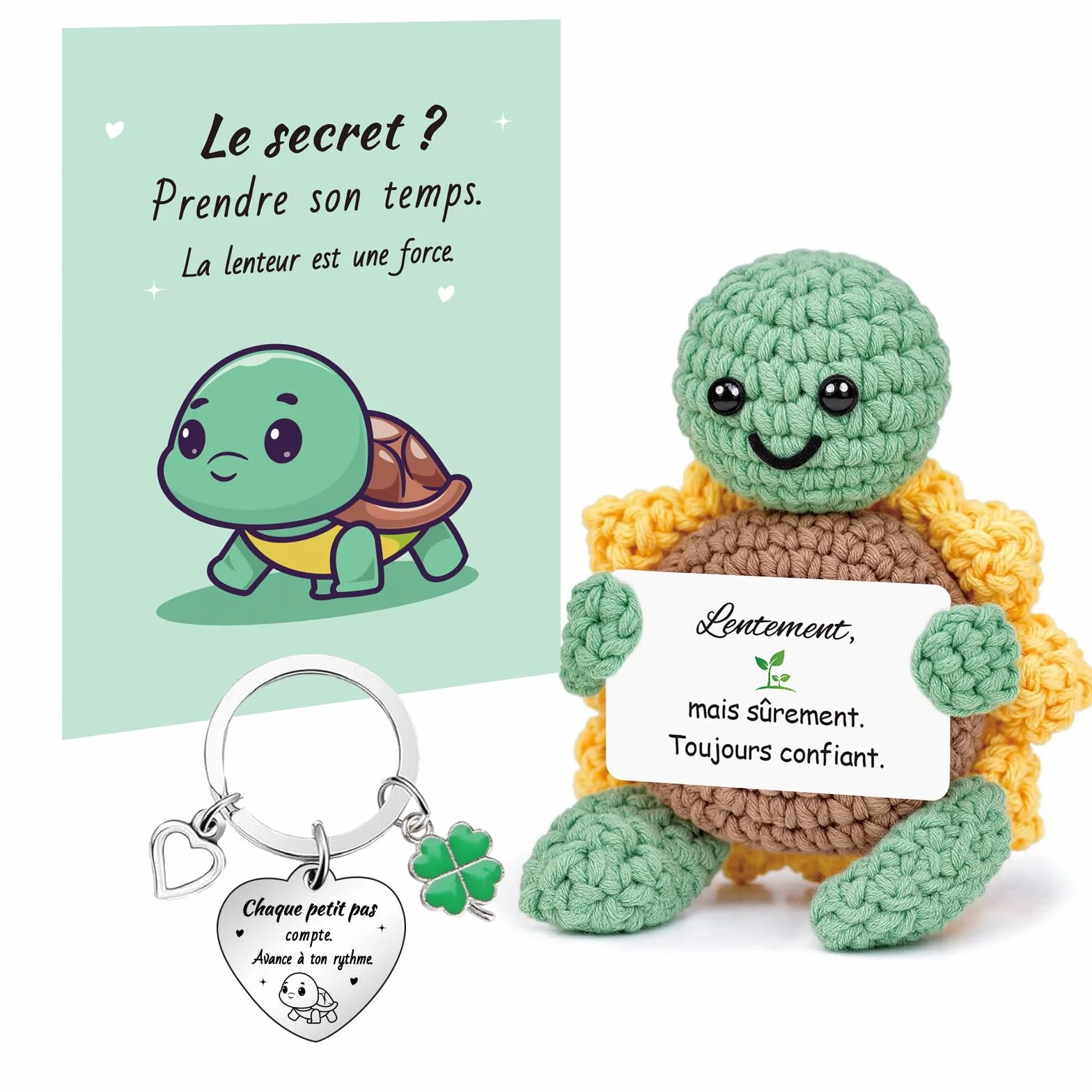 Tortue Positive Poupée Tortue en Français au Crochet avec Porte Clés et Carte Cadeau Femme Original