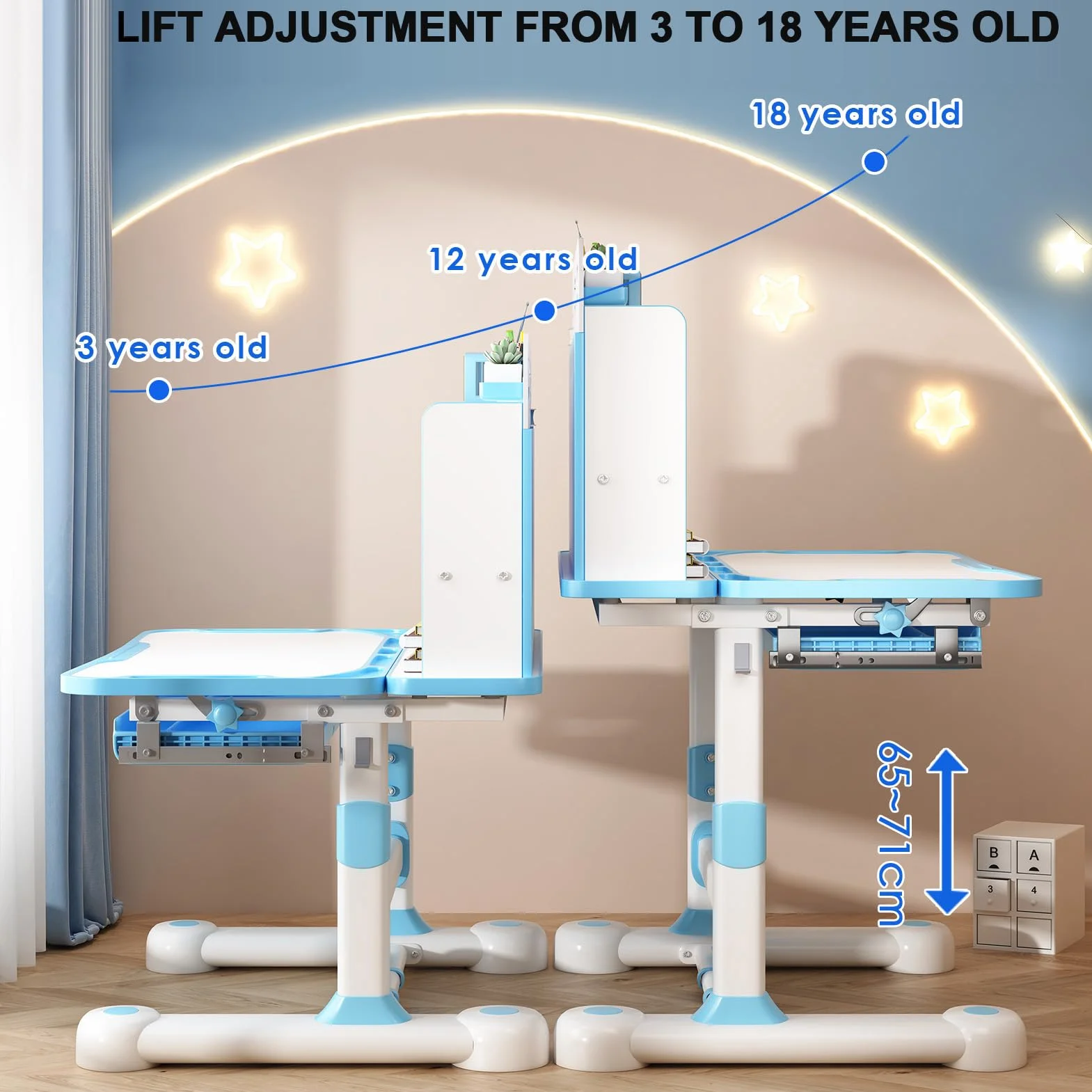 Ensemble Bureau et Chaise d'Étude pour Enfants, Bureau Évolutif avec Correcteur de Posture, Chaise Ergonomique, Support à Livres, Pédale et Design à Partitions (Bleu)
