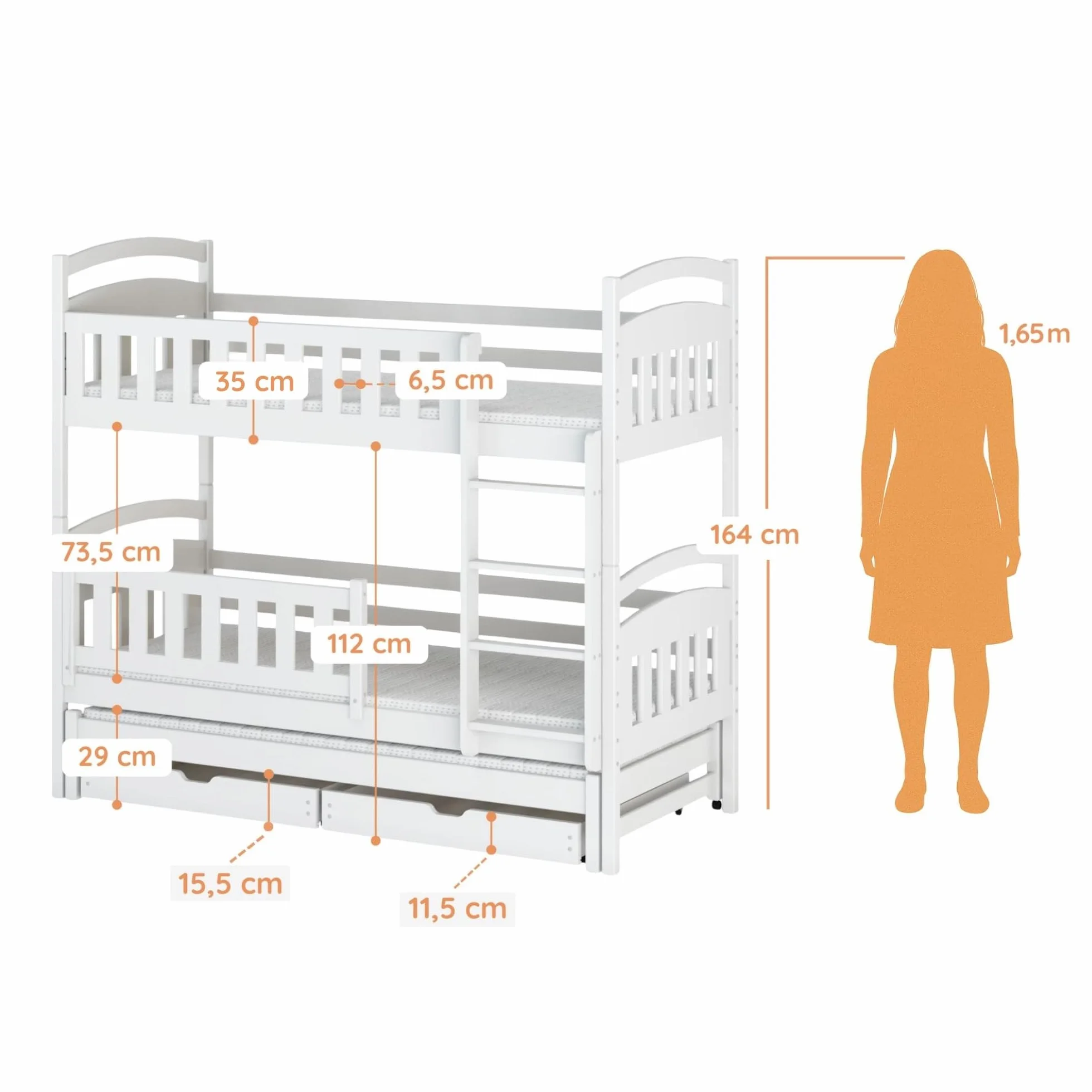 Kids Collective Lit superposé 90x200 pour Enfants et Adolescents – 3 couchages avec barrière de sécurité et tiroirs, Convertible en 3 Lits Simples | de 4 à 16 Ans | sommiers Inclus | Blanc