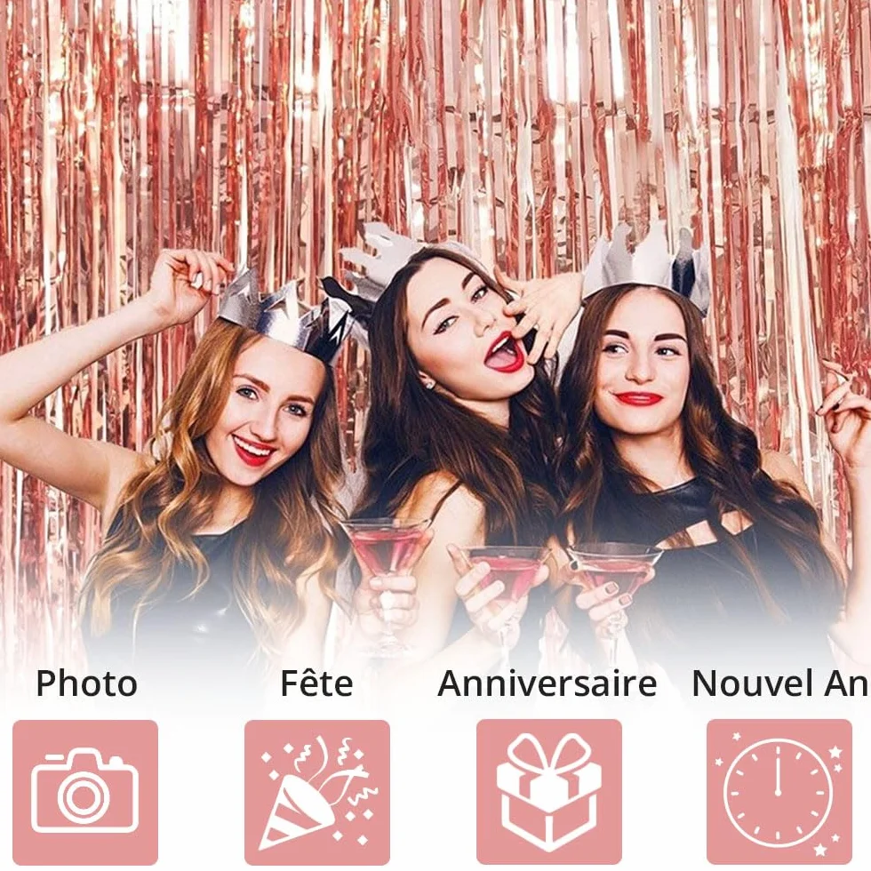 Rideau Métallique Tinsel Rosegold, Rideaux à Franges en Aluminium, Toile de Fond pour Fête Anniversaire Mariage