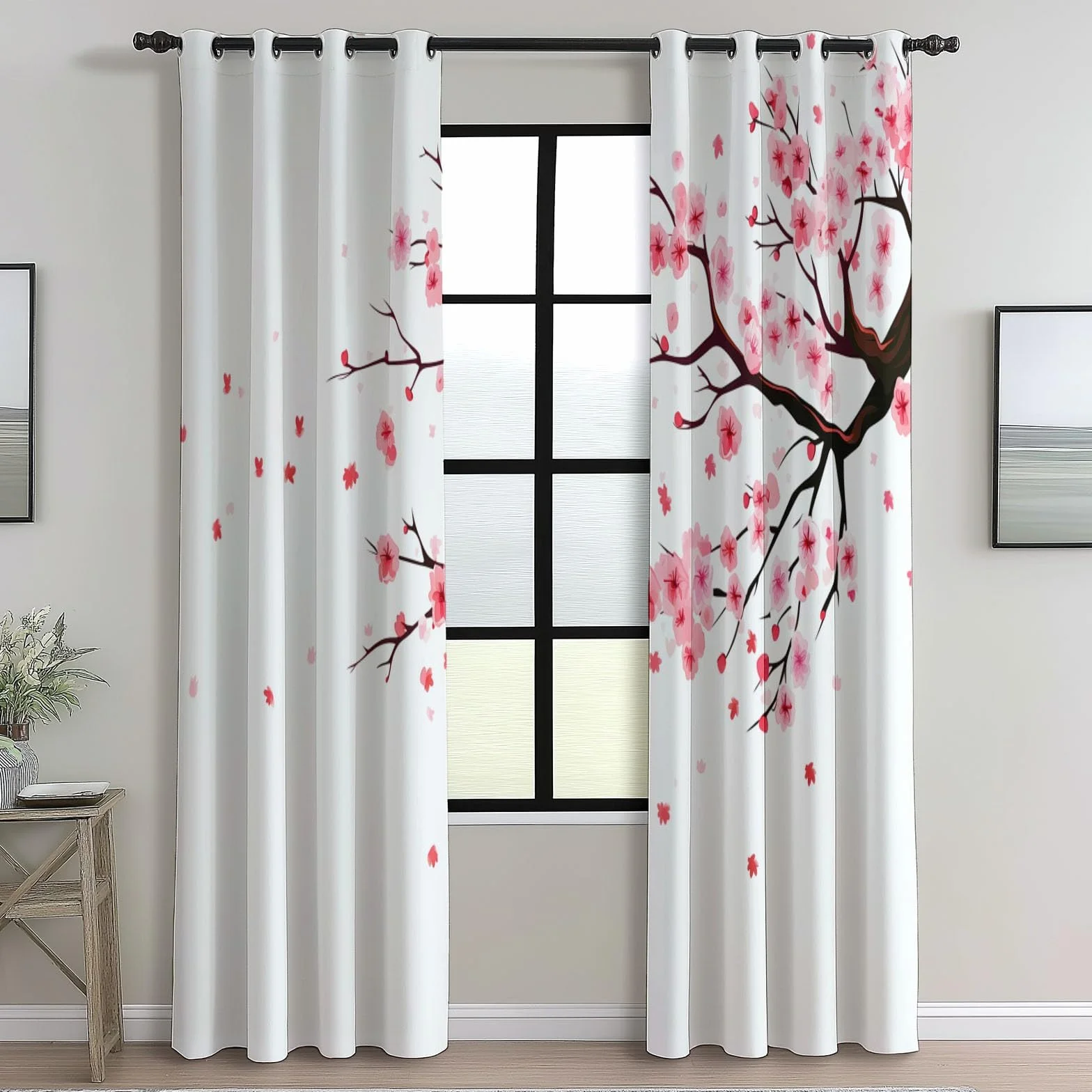 Rideaux Opaques 70L x 240H cm 2 Panneaux Design Fleurs de Cerisier Isolante Anti-Chaleur Blanc Rose