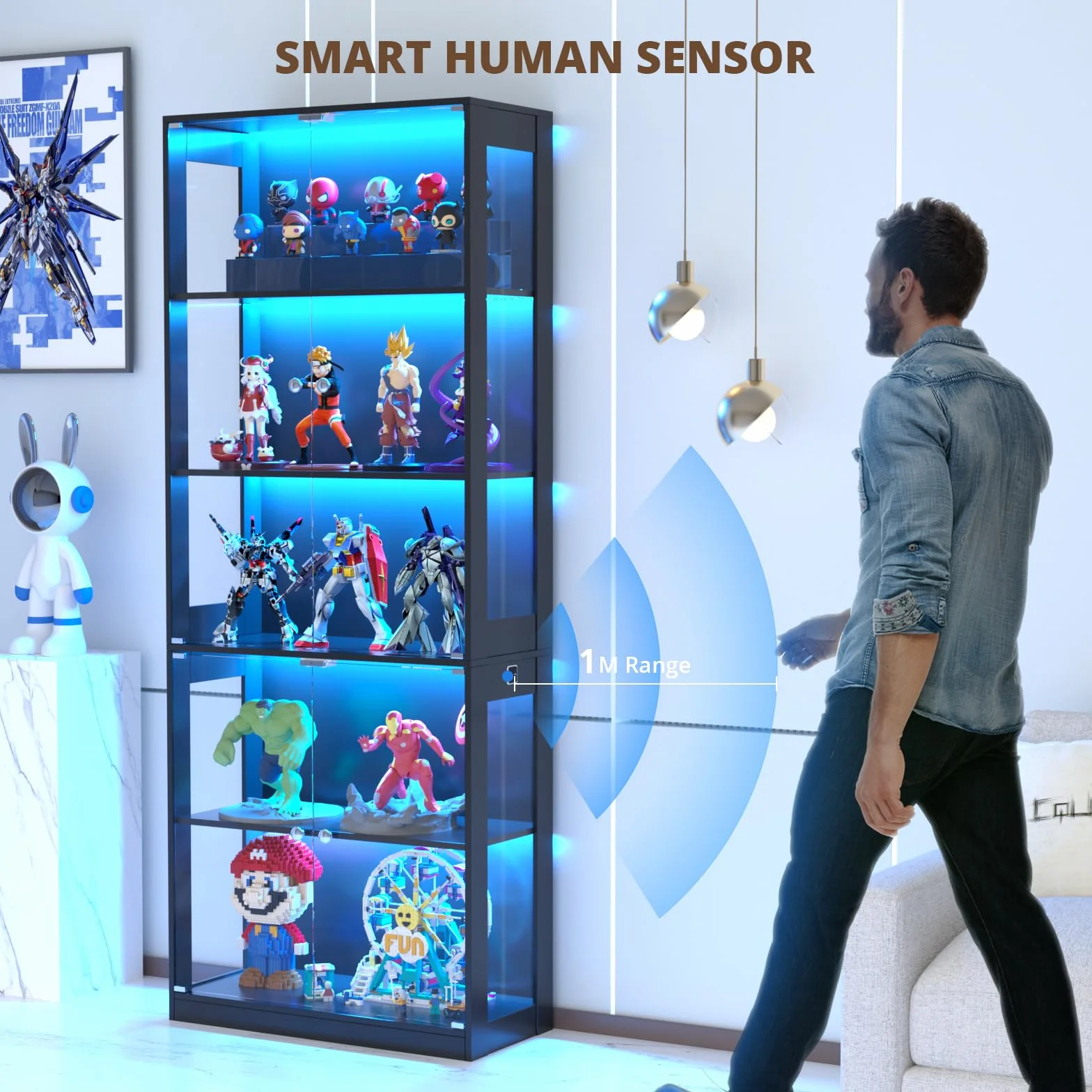 VOWNER Vitrine 5 étages en Verre avec éclairage LED 3 Couleurs, détecteur Intelligent, tablettes en Verre autonomes pour Figurines et Collection, Salon Chambre (Noir, 5 étages)