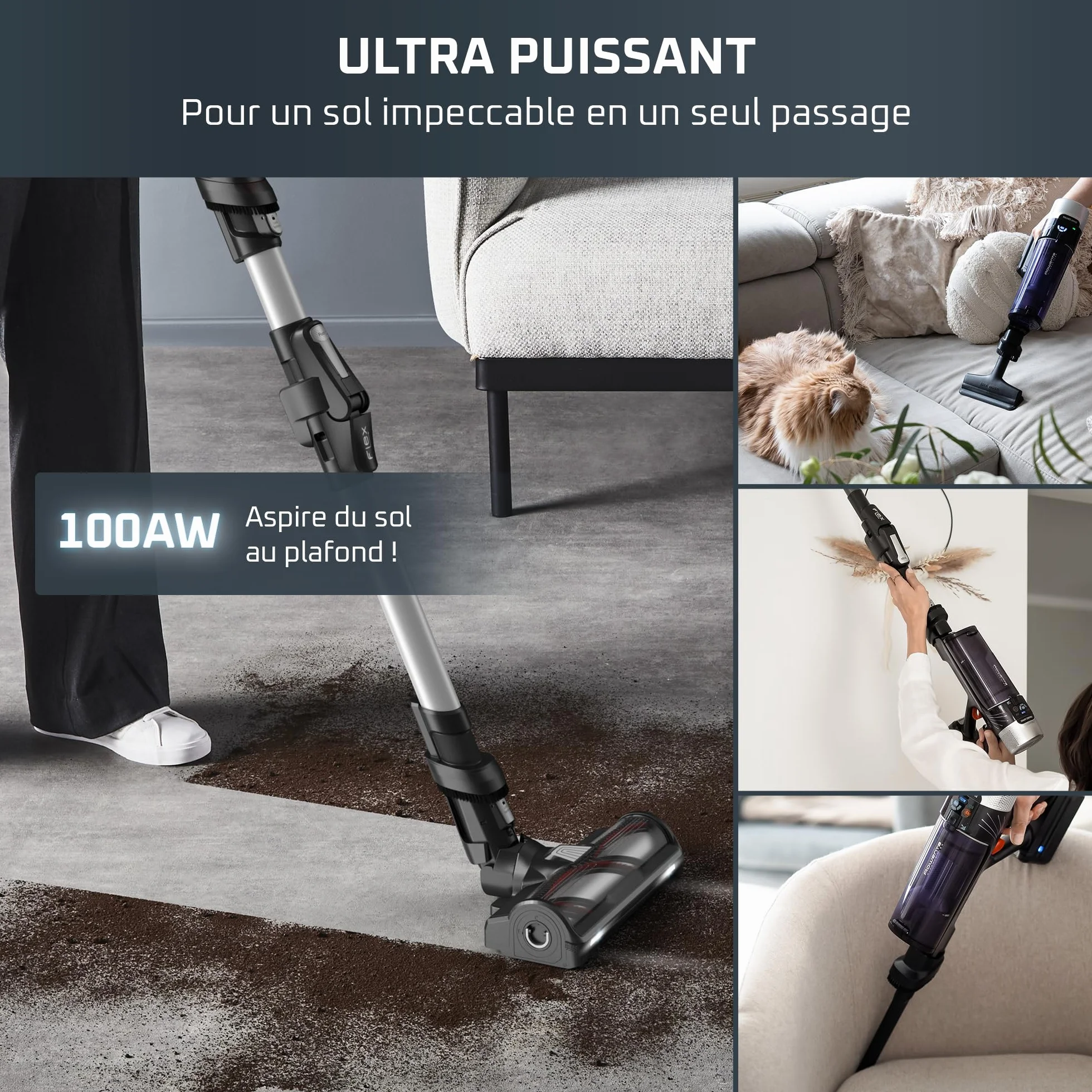 Rowenta X-Force Flex 9.60 Allergie Aspirateur balai sans fil, Filtration Anti-Allergènes, Puissant 100AW, Ultra Léger, Autonomie 45min RH2038WO, Noir / Violet