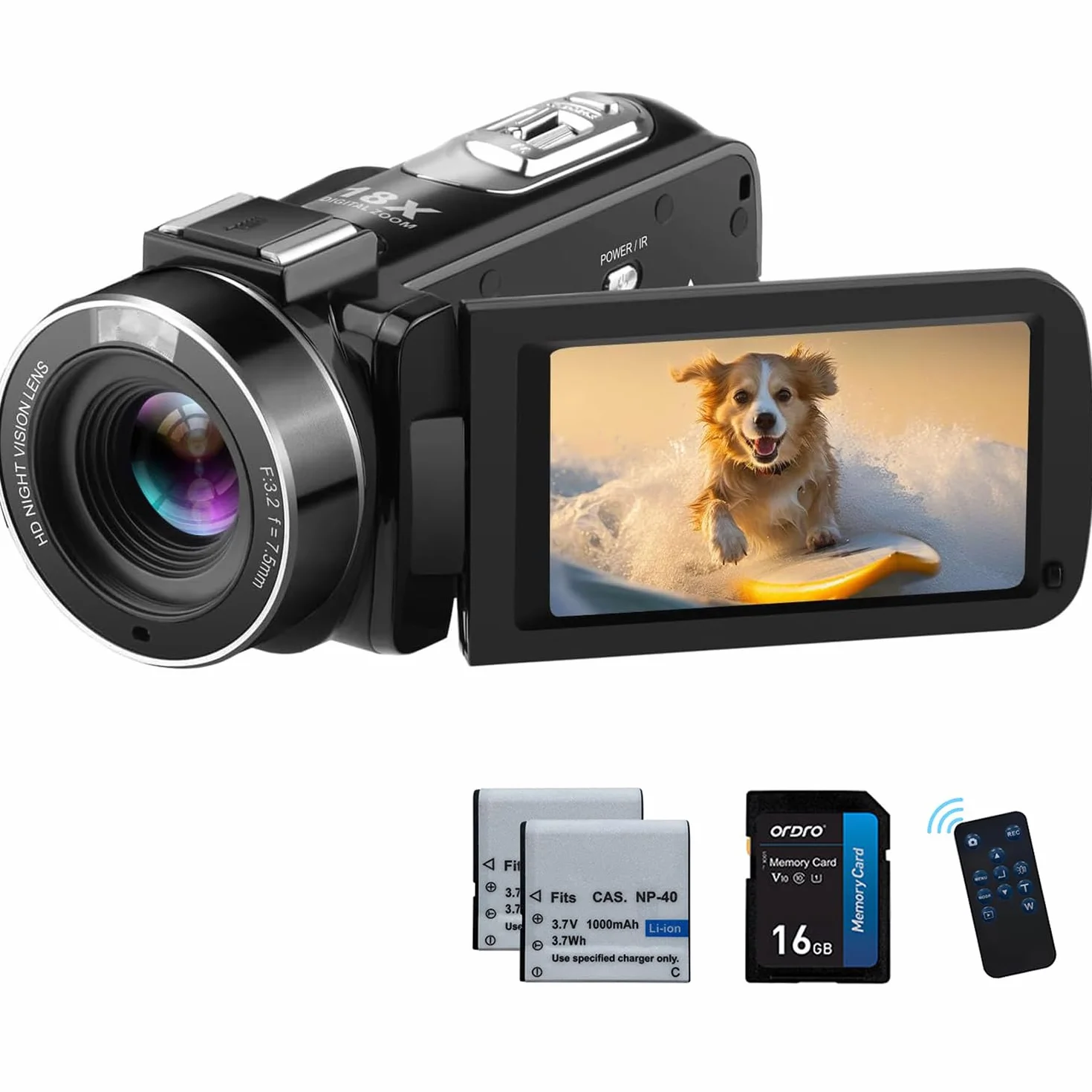 ORDRO Full HD 1080P 30MP kamerka wideo 18-krotny zoom cyfrowy IR noktowizor kamera do vlogów na YouTube, 3,0-calowy obrotowy ekran, z kartą 16 GB i 2 akumulatorami (czarny)