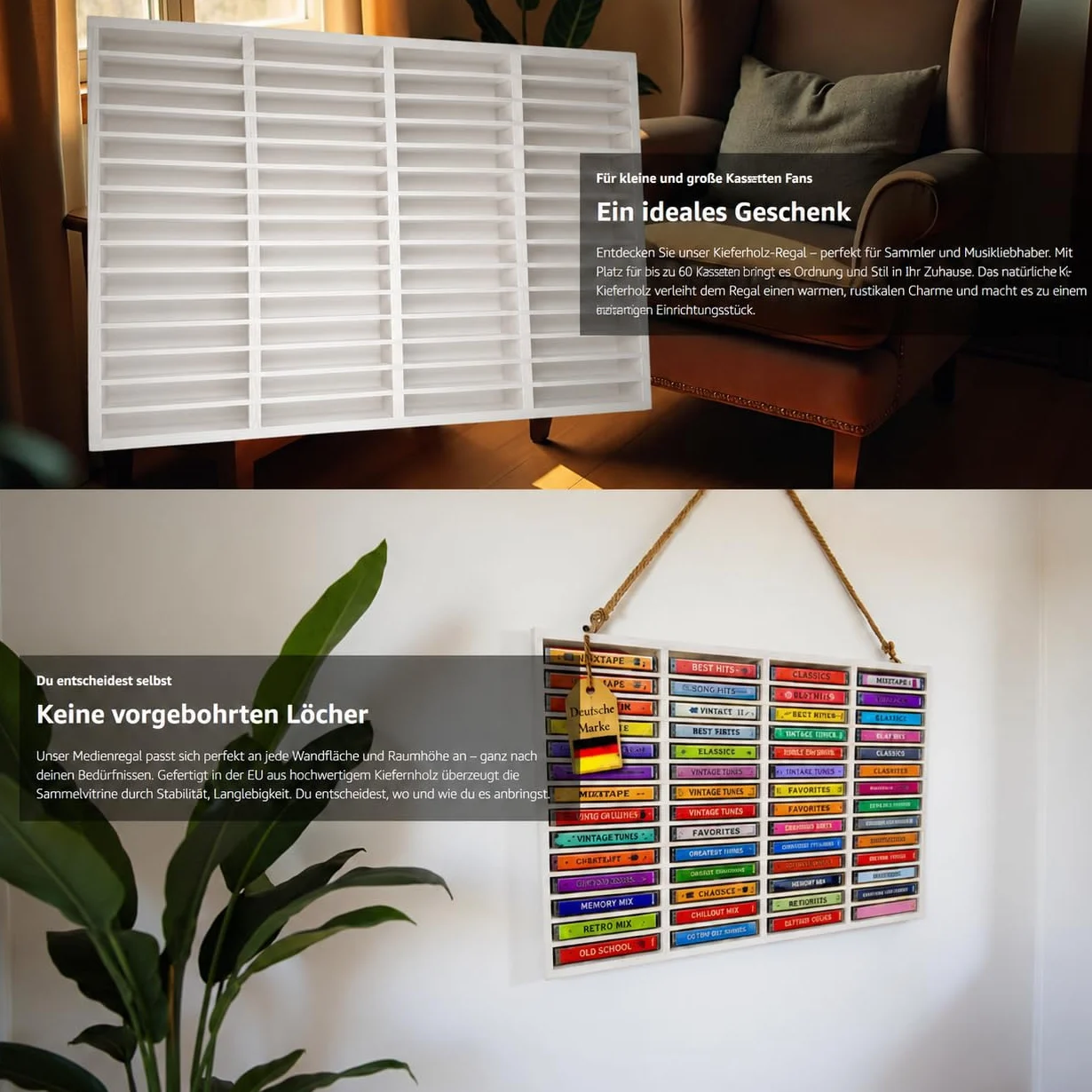 eCom Fabarius Étagère pour 60 cassettes audio, étagère média en bois de pin entièrement montée