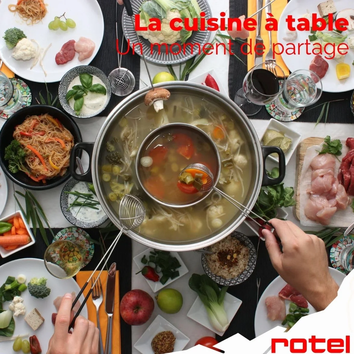Rotel 1181250 Appareil à fondue chinoise avec fourchettes et épuisettes, appareil à fondue océane, marmite pour fondue chinoise, Acier inoxydable, Verre, Plastique, 39 x 37 x 22,5 cm