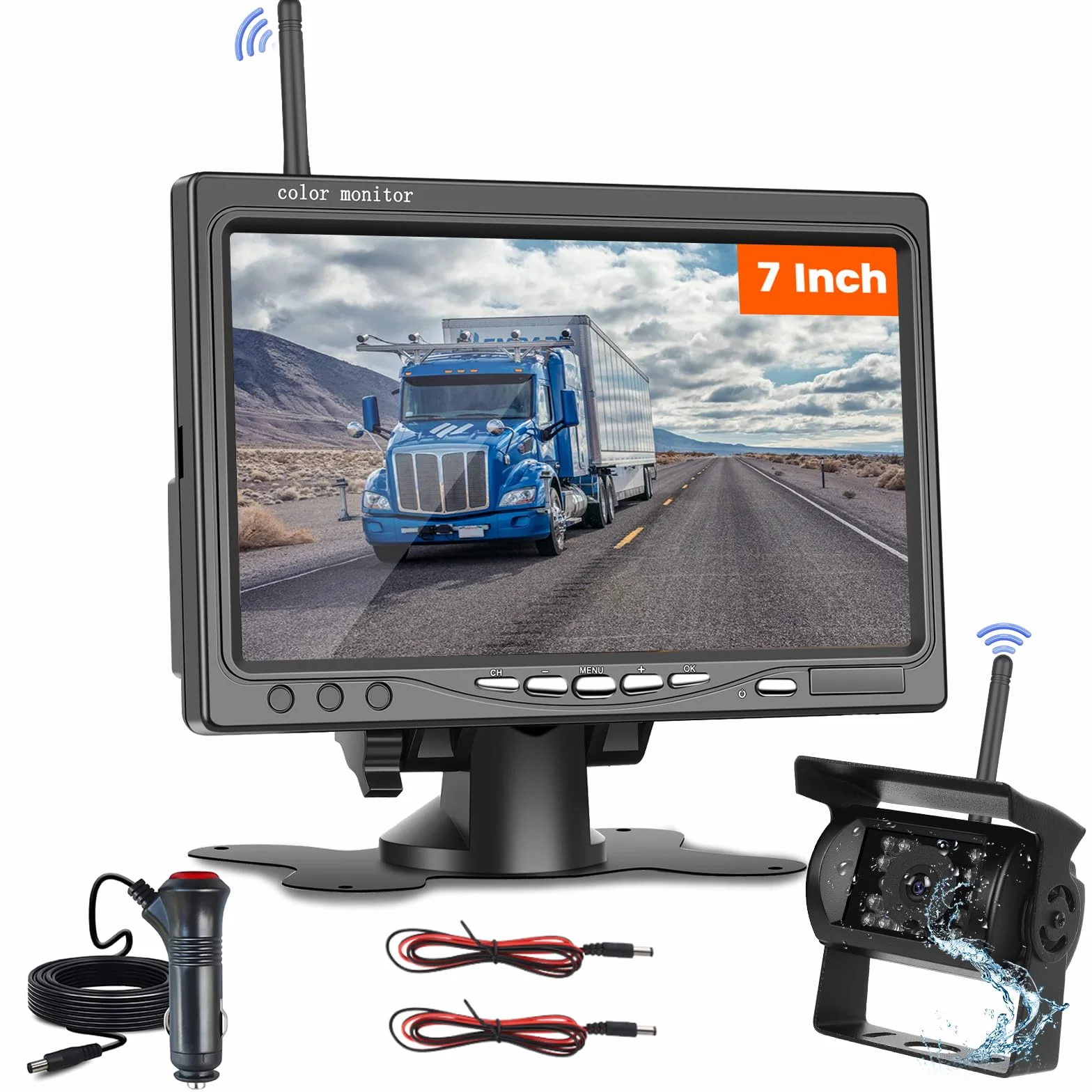 Zestaw bezprzewodowej cyfrowej kamery cofania Inefala, 7-calowy monitor i bezprzewodowa kamera cofania, wodoodporna kamera cofania IP68 z BSD, odpowiednia do autobusów, furgonetek i SUV-ów LKW (prąd