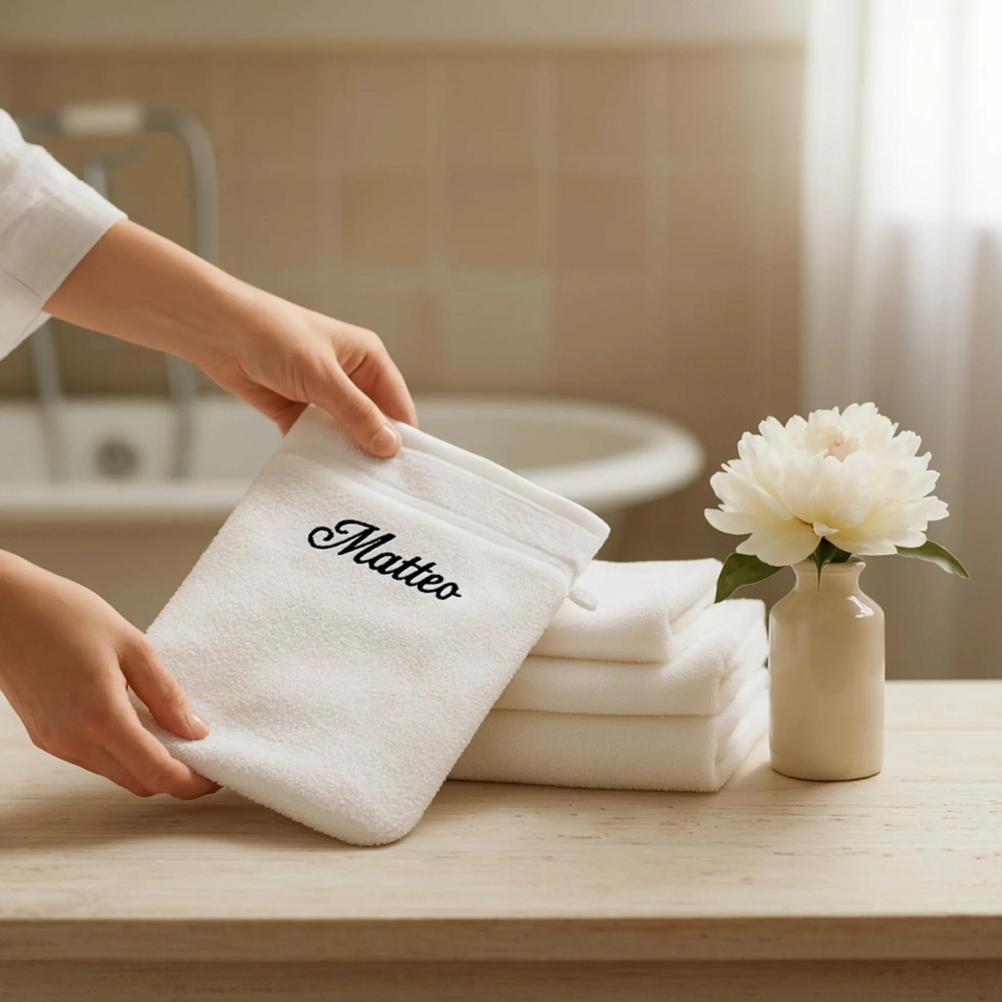 Gant de Toilette personnalisé Blanc 15x21 cm Éponge Coton Douce Broderie prénom initiales Cadeau élégant
