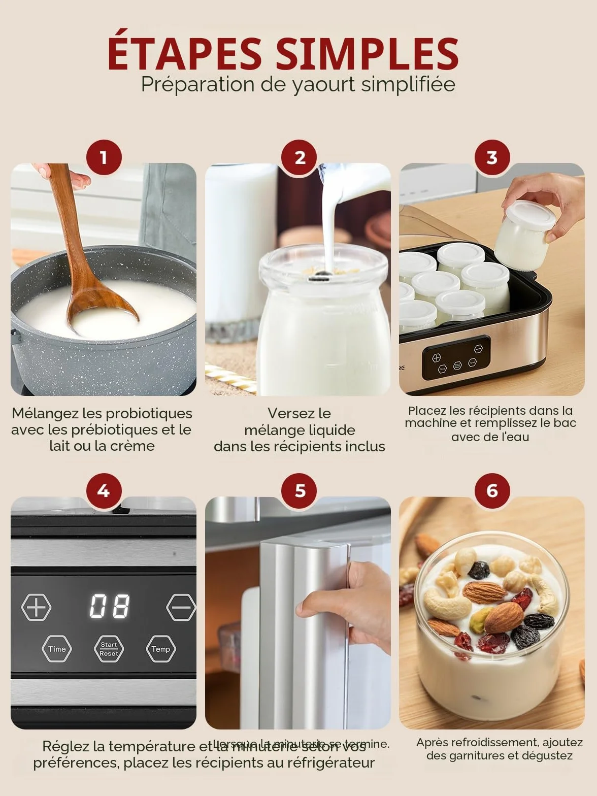 FOHERE Yaourtière 12 pots 180 ml, 25W Machine à Yaourt Maison, Programmable, Ecran LCD, Corps en Acier Inoxydable, Sans BPA, Compatible au lave vaisselle, Arrêt Automatique