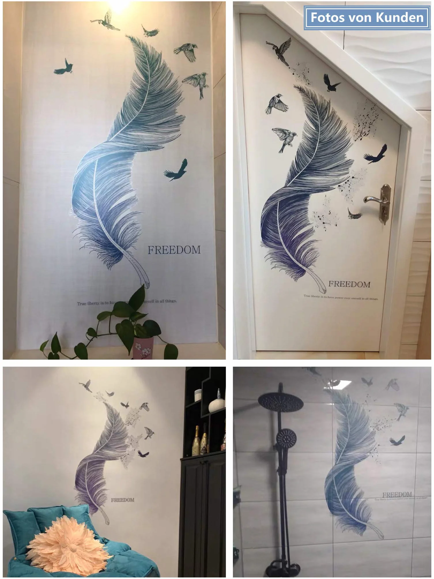 Stickers Muraux Plume Bleu Moderne 124×72 cm Autocollant Mural Décoration Salon Chambre