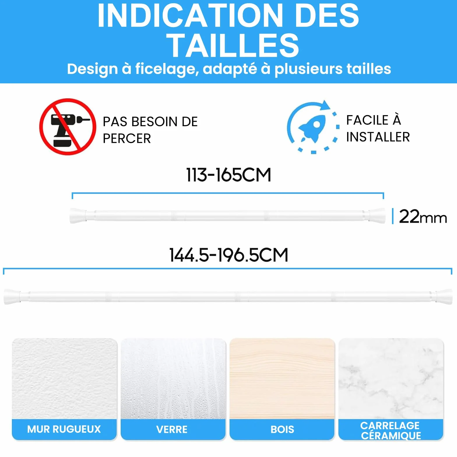 Tringle rideau sans perçage extensible 115-195 cm blanc diamètre 22 mm fenêtre penderie