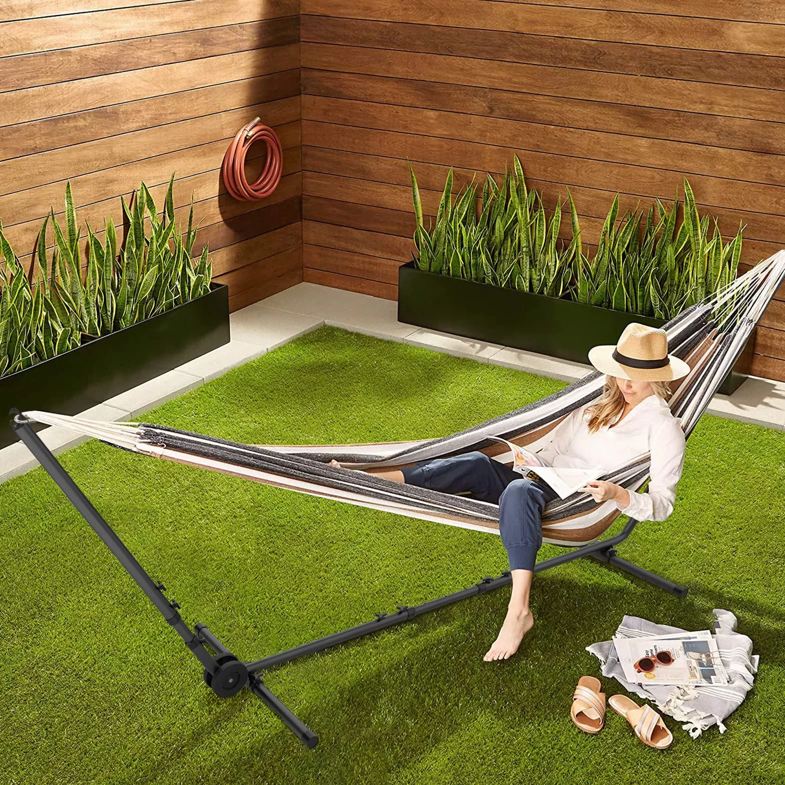 Todeco Armature en Acier pour Hamac de Jardin Camping avec Roues et Sac de Transport 296-380 x 107-132 x 100 cm