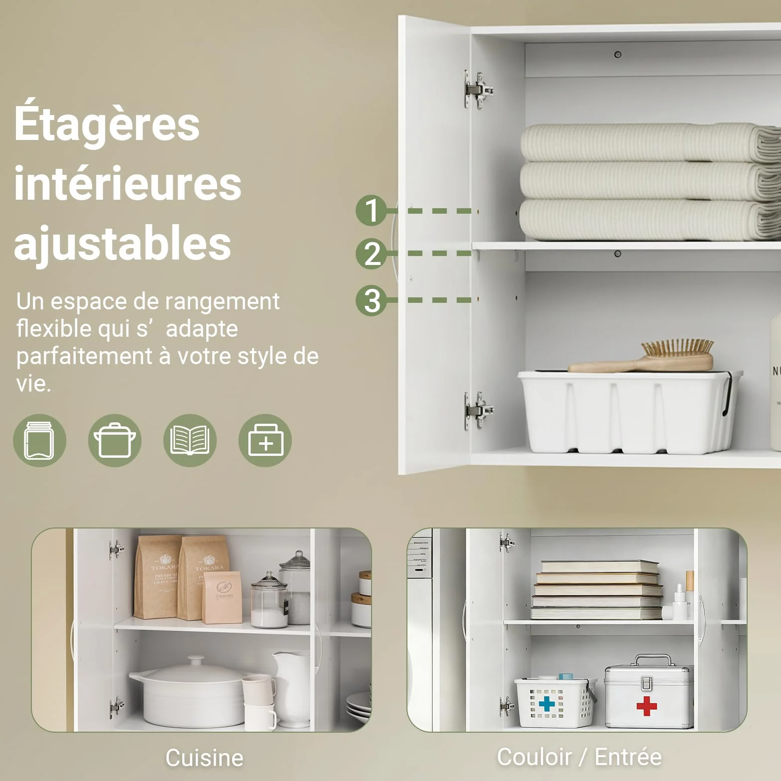 SoBuy Meuble Haut Salle de Bain Blanc Armoire Murale Salle de Bain avec Étagères Réglables Étagère Murale et Meuble WC Suspendu Placard Cuisine Mural et Armoire Pharmacie Murale 90x30x60 cm FRG231-L-W