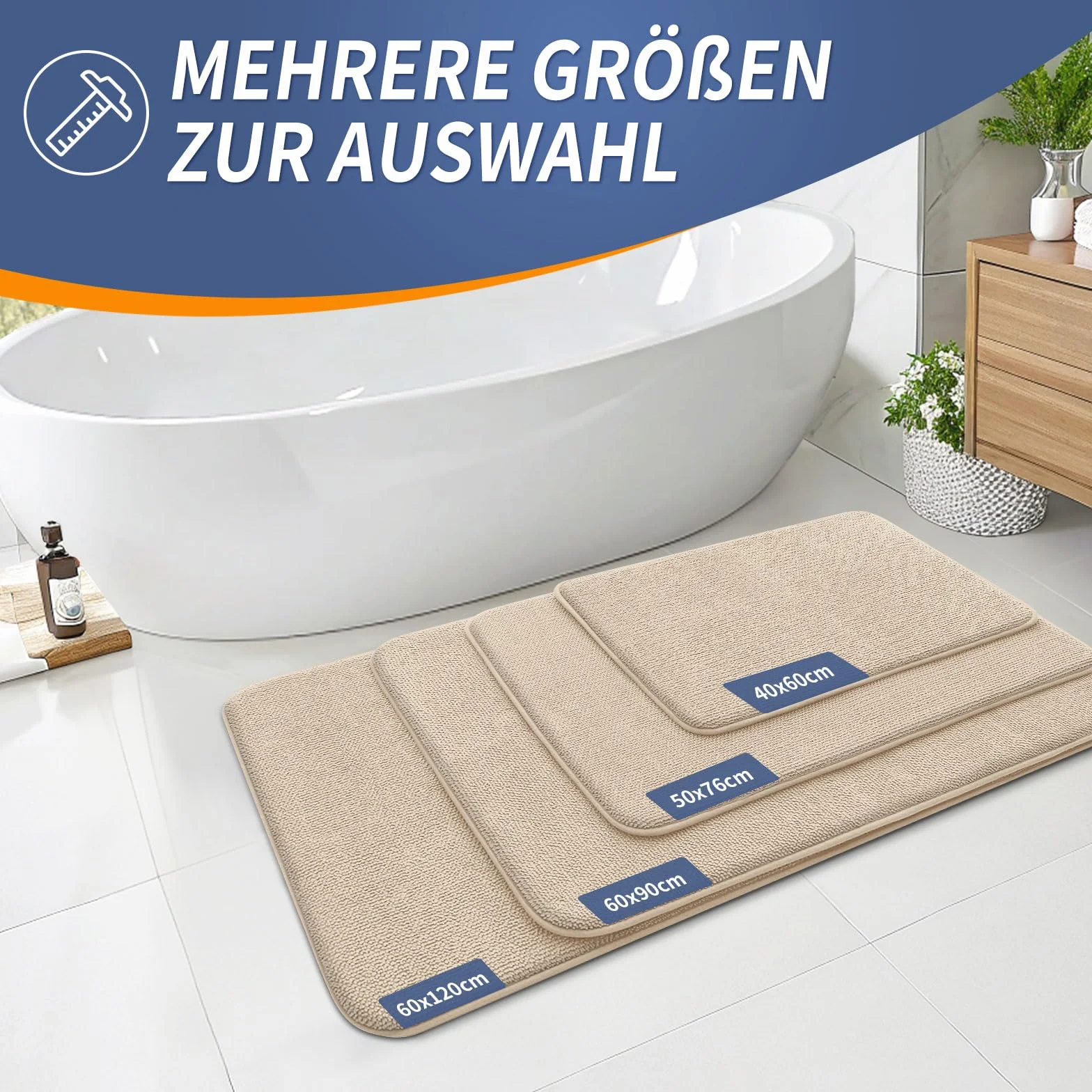 Homaxy Tapis de bain en mousse à mémoire de forme 60 x 90 cm Beige Antidérapant Absorbant