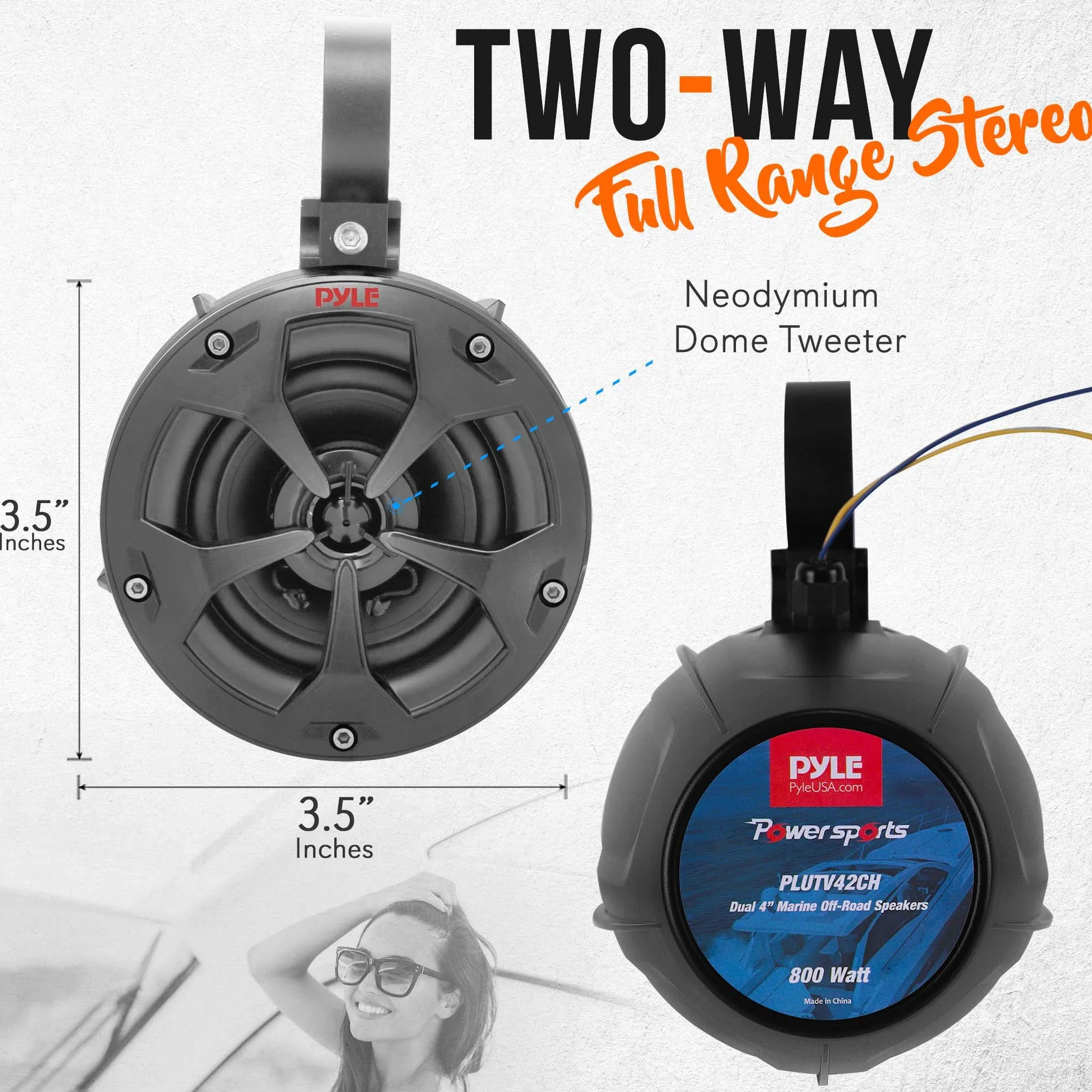 Pyle Głośniki morskie 800 W ze wzmacniaczem, wodoodporny, pełnozakresowy, wodoodporny system głośników stereo z kablem wejściowym audio RCA, AUX i MP3 do ATV, UTV, 4 x 4, quadów, jeepów, łodzi