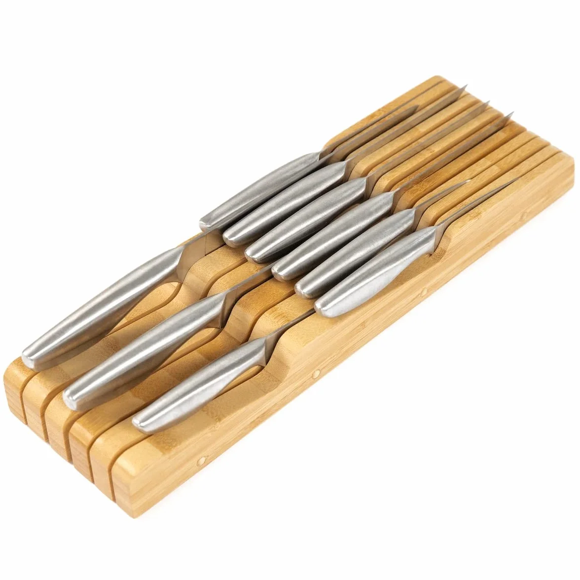 KitchenEdge Porte-Couteaux de Cuisine en Bambou Peut Contenir 5 Couteaux Longs + 6 Courts (Non Inclus) S’adapte à la Plupart des Tailles de Couteaux, Pieds en Caoutchouc, Bambou, Design Dans le Tiroir