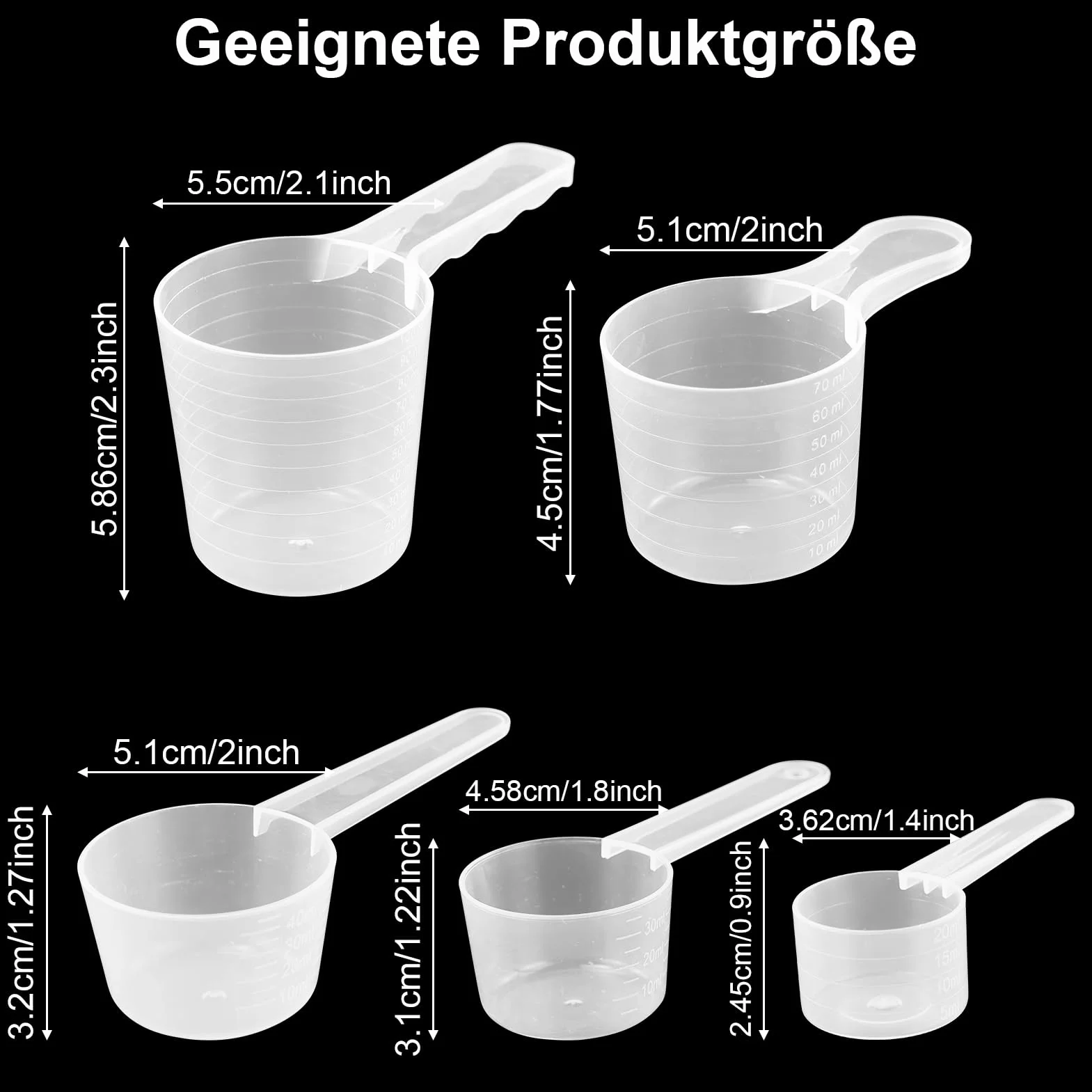 Jeu de 5 cuillères de mesure transparentes avec échelle 20/40/50/70/100 ML