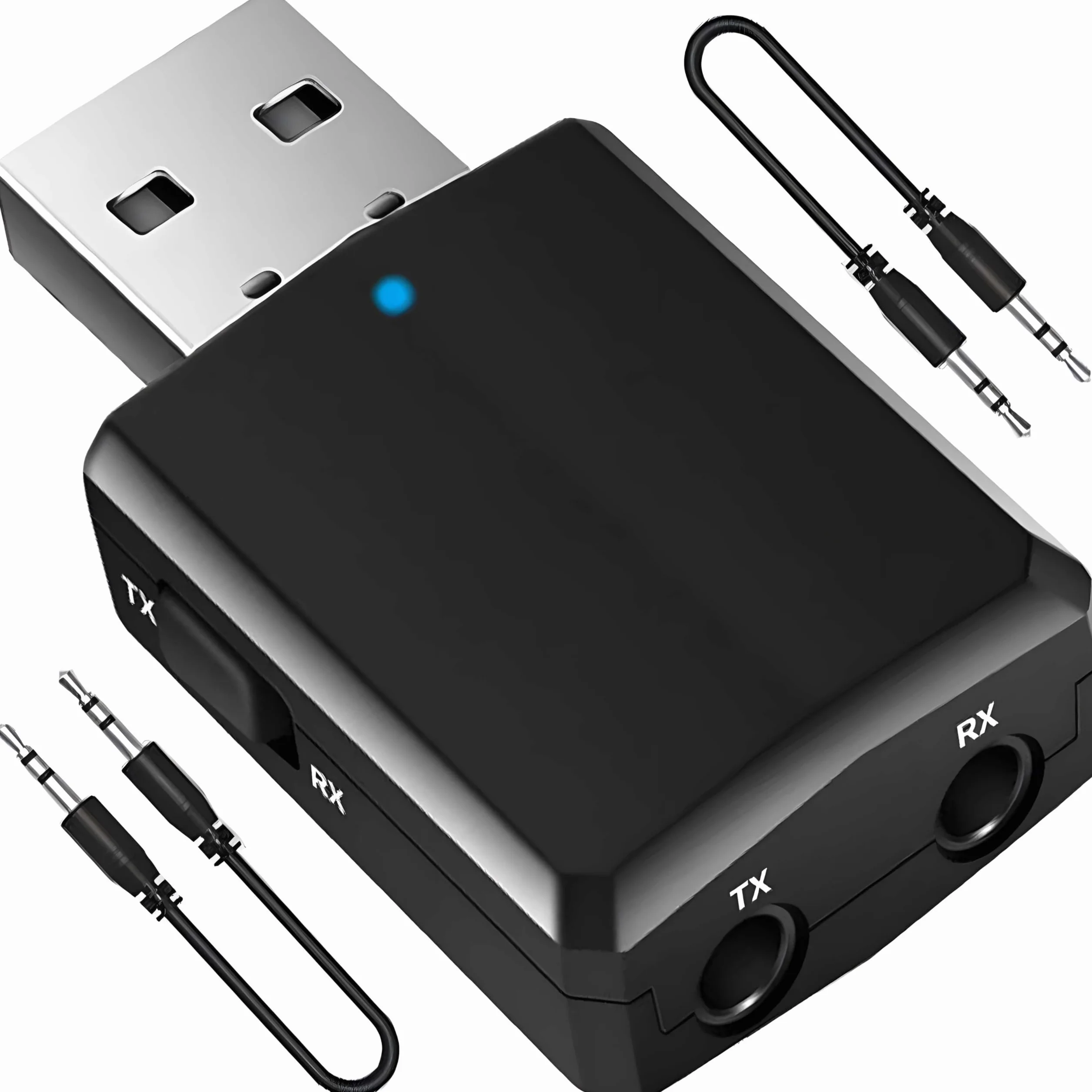 Retoo Adapter Bluetooth 5.0, odbiornik audio z kablem AUX 3,5 mm, 2 w 1, nadajnik do samochodu, PC, TV z redukcją szumów i zestawem głośnomówiącym w samochodzie, zasięg 10 m