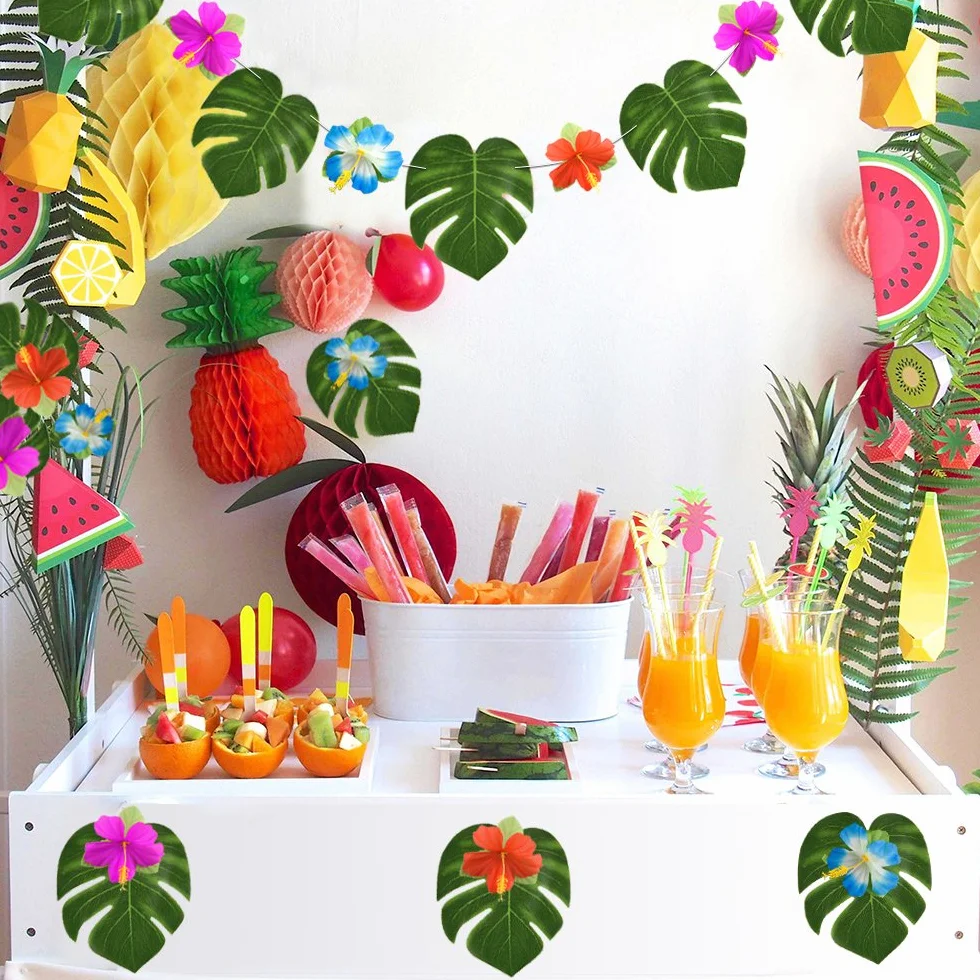 KUUQA 60 Pcs Tropical Party Decoration Fournitures 8" Palmtera Feuilles Hibiscus Simulation Hawaiian Luau Jungle Beach Theme
