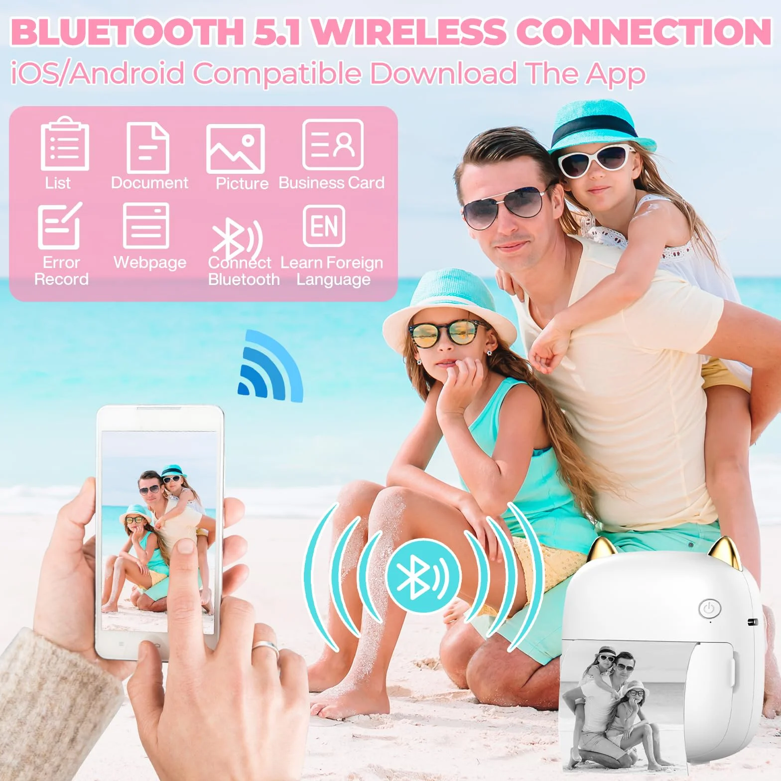 Imprimante Photo Thermique sans Fil Bluetooth Mini Portable avec 14 Rouleaux de Papier pour iOS Android