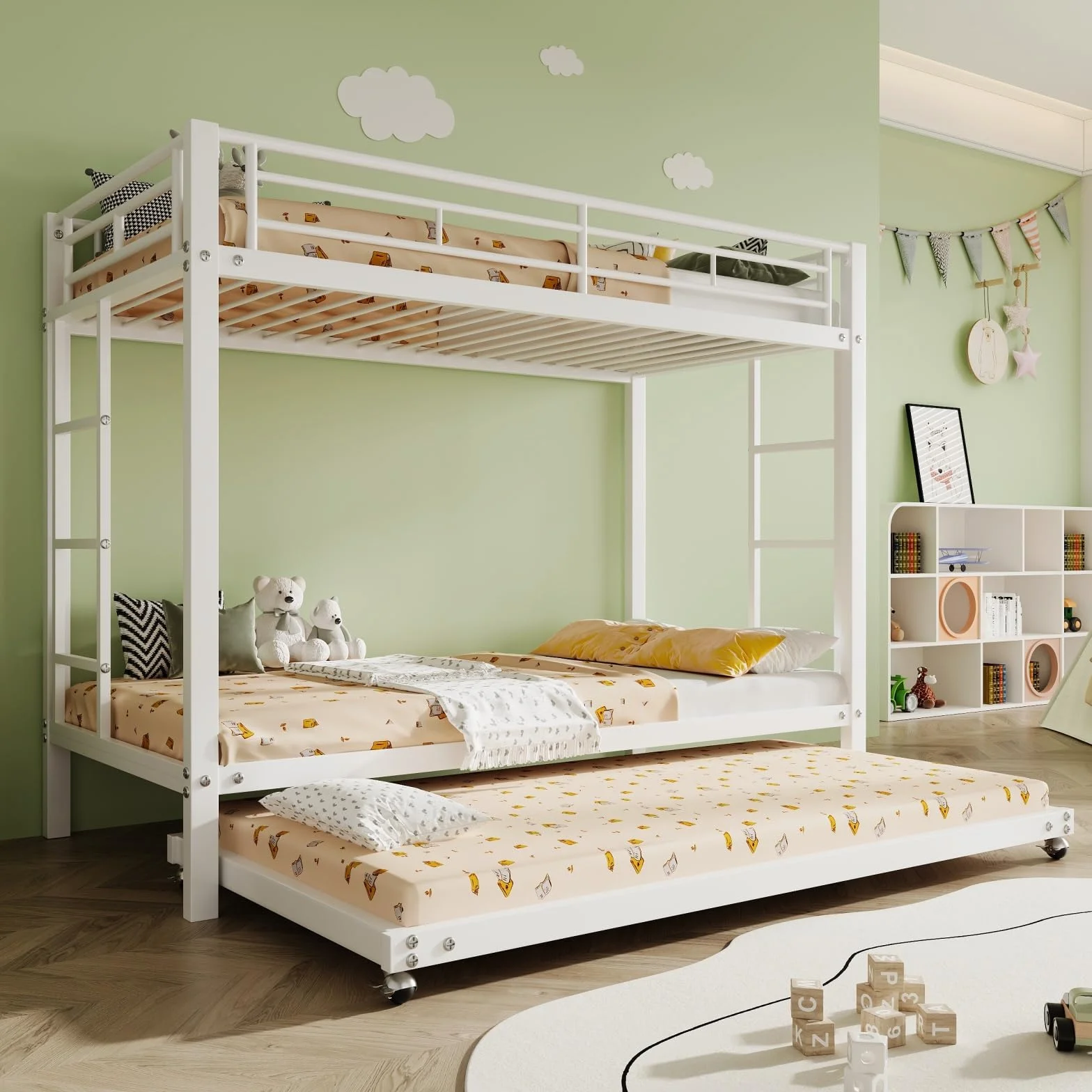 Lit Superposé 3 Places 90x200 cm avec lit Gigogne 90x190cm,Blanc | Cadre de Lit en Métal,Barrières de Sécurité, Échelle Antidérapante, lit avec sommier,Certification EN747,pour Garçons Filles