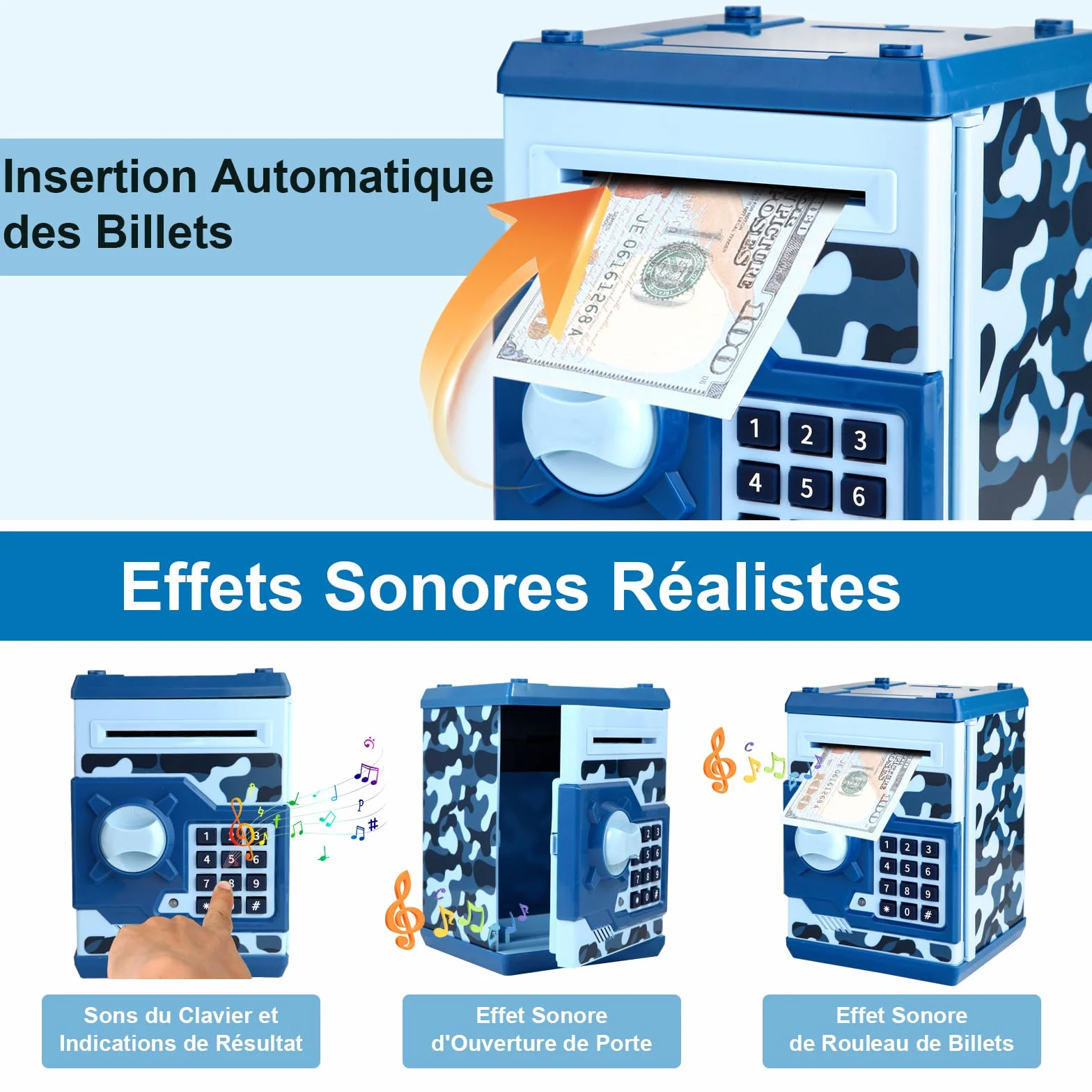 Tirelire Électronique ATM pour Enfants 3+ Coffre-Fort à Code Pièces Billets Grande Capacité Papier Défilement Automatique Bleu