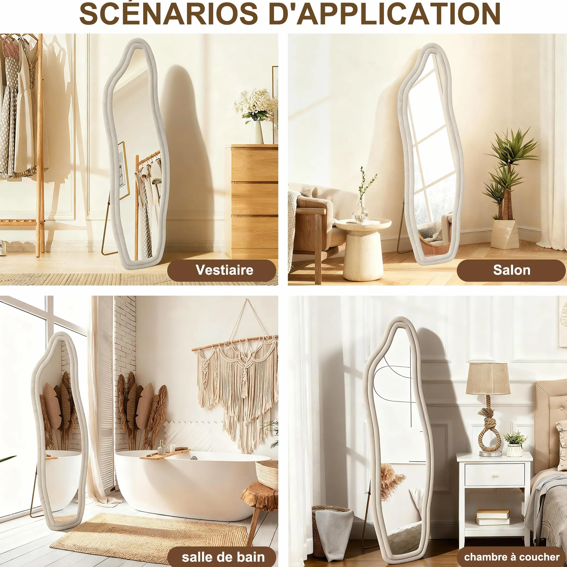 Miroir sur Pied 160 x 50cm Blanc Vague Bordure Velours Suspendable Chambre
