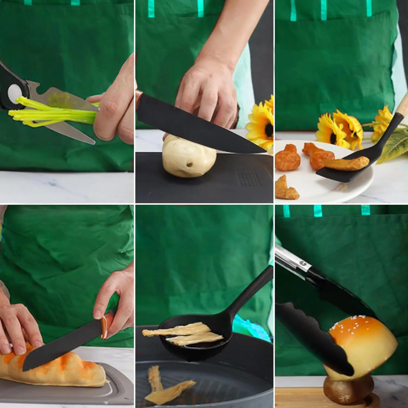 Lot de 19 couteaux de cuisine en silicone avec 12 ustensiles de cuisine, 5 couteaux, planche à découper et support, passe au lave-vaisselle