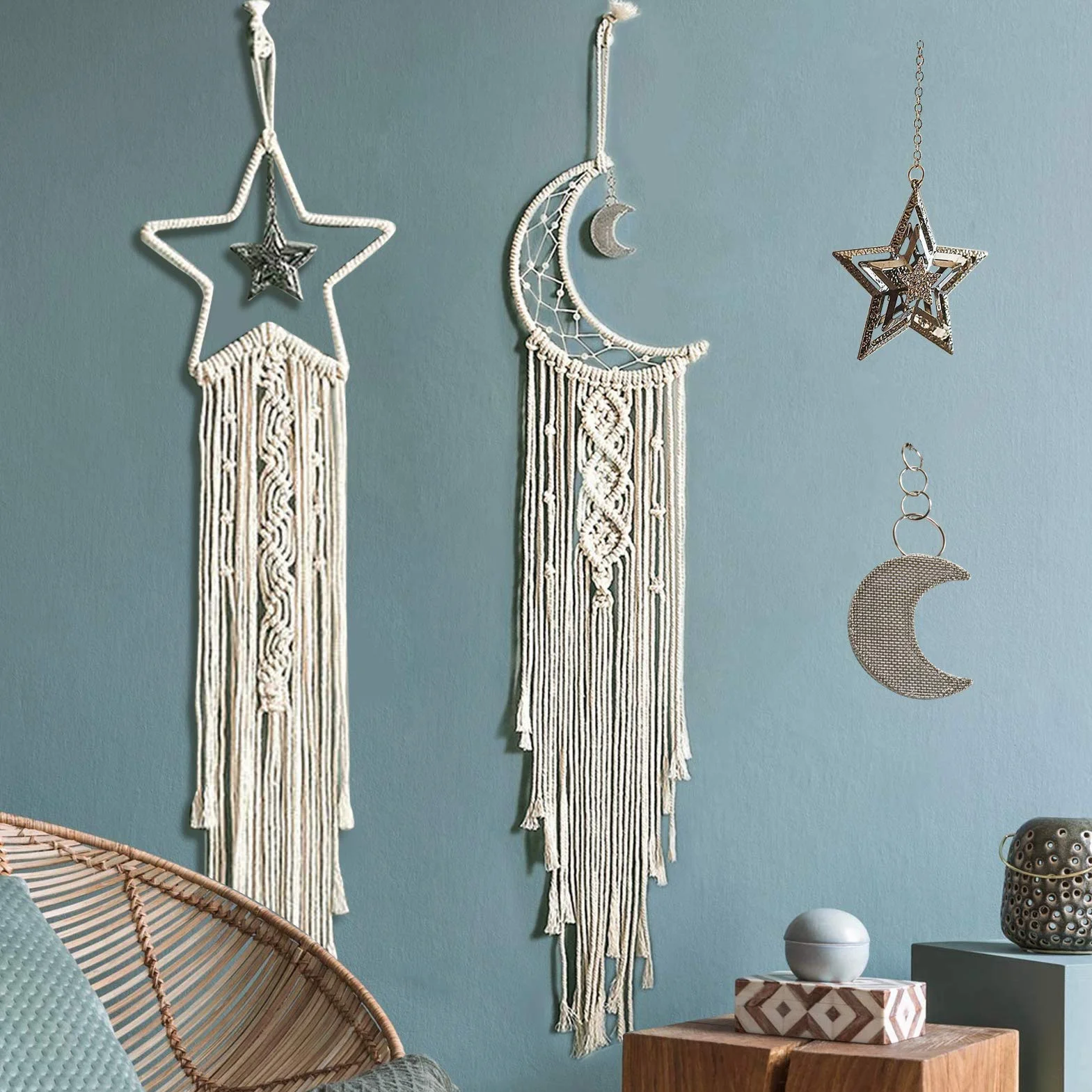 Macrame Attrape Reve avec LED String Light Macrame Mural Decoration Boheme Faite Main Lune Etoile Cadeau DIY Chambre