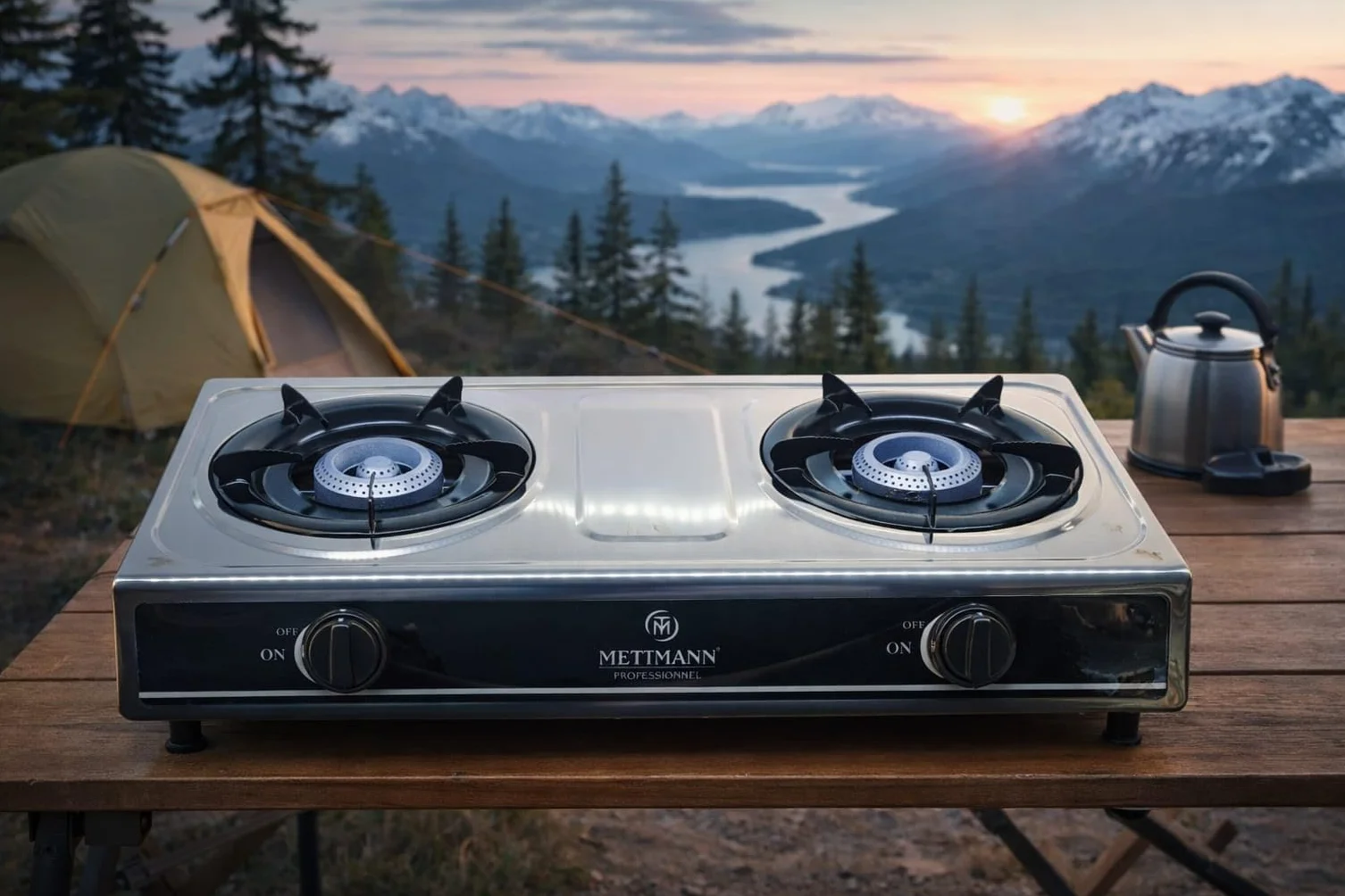 Réchaud Gaz Double 2 Brûleurs 2.9/2.9 kW, Allumage Piézo, Acier Inoxydable Facile à Nettoyer. Portable, Autoportant, Idéal Intérieur, Extérieur, Caravane, Camping. Puissance totale 5.8kW
