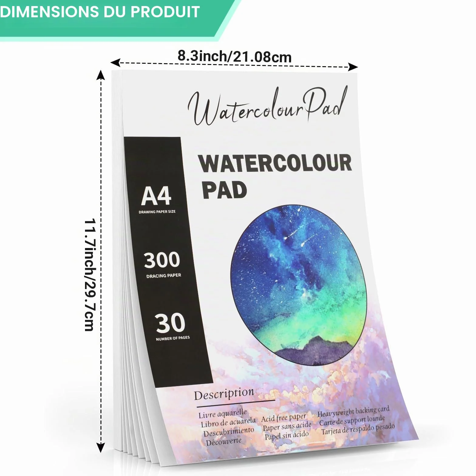 Bloc de peinture A4 300 g/m² – 30 feuilles papier aquarelle pour artistes