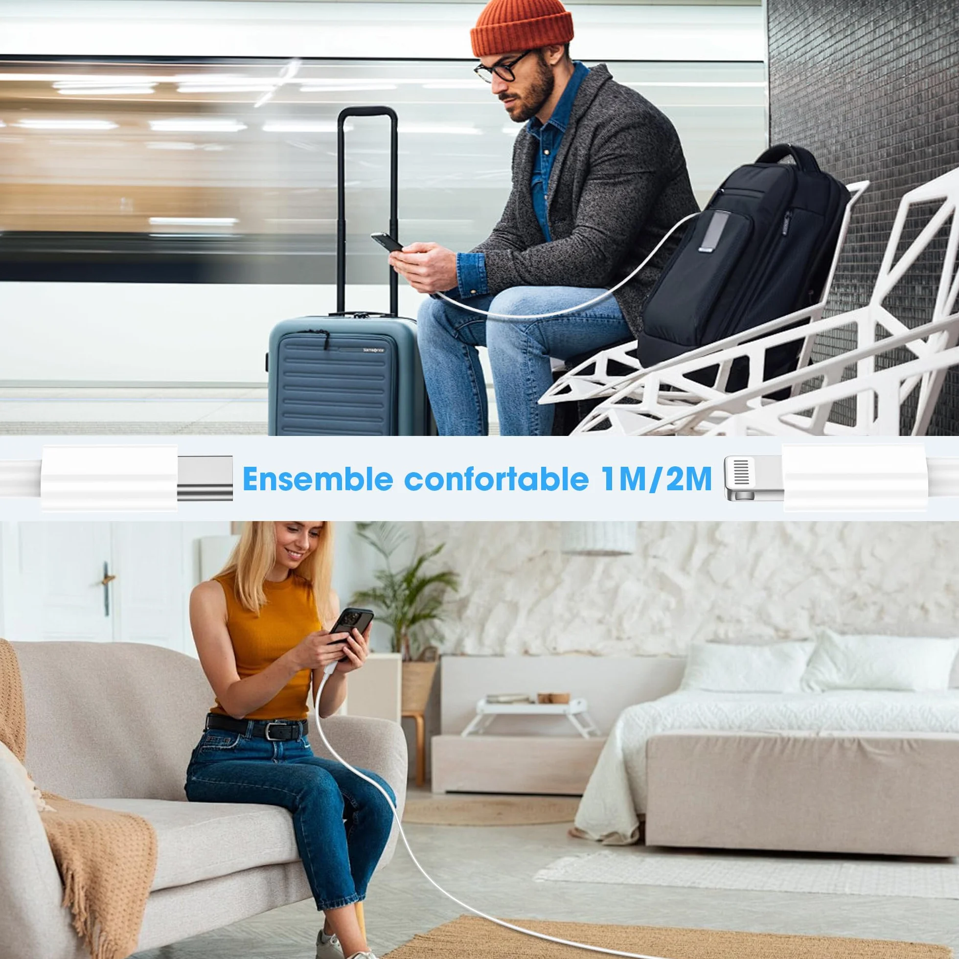 Câble iPhone USB C vers Lightning 1M+2M MFi Certifié Chargeur Rapide pour Apple iPhone 14 13 12 11 Pro Max Pro Plus XS XR X 8 7 SE iPad Blanc