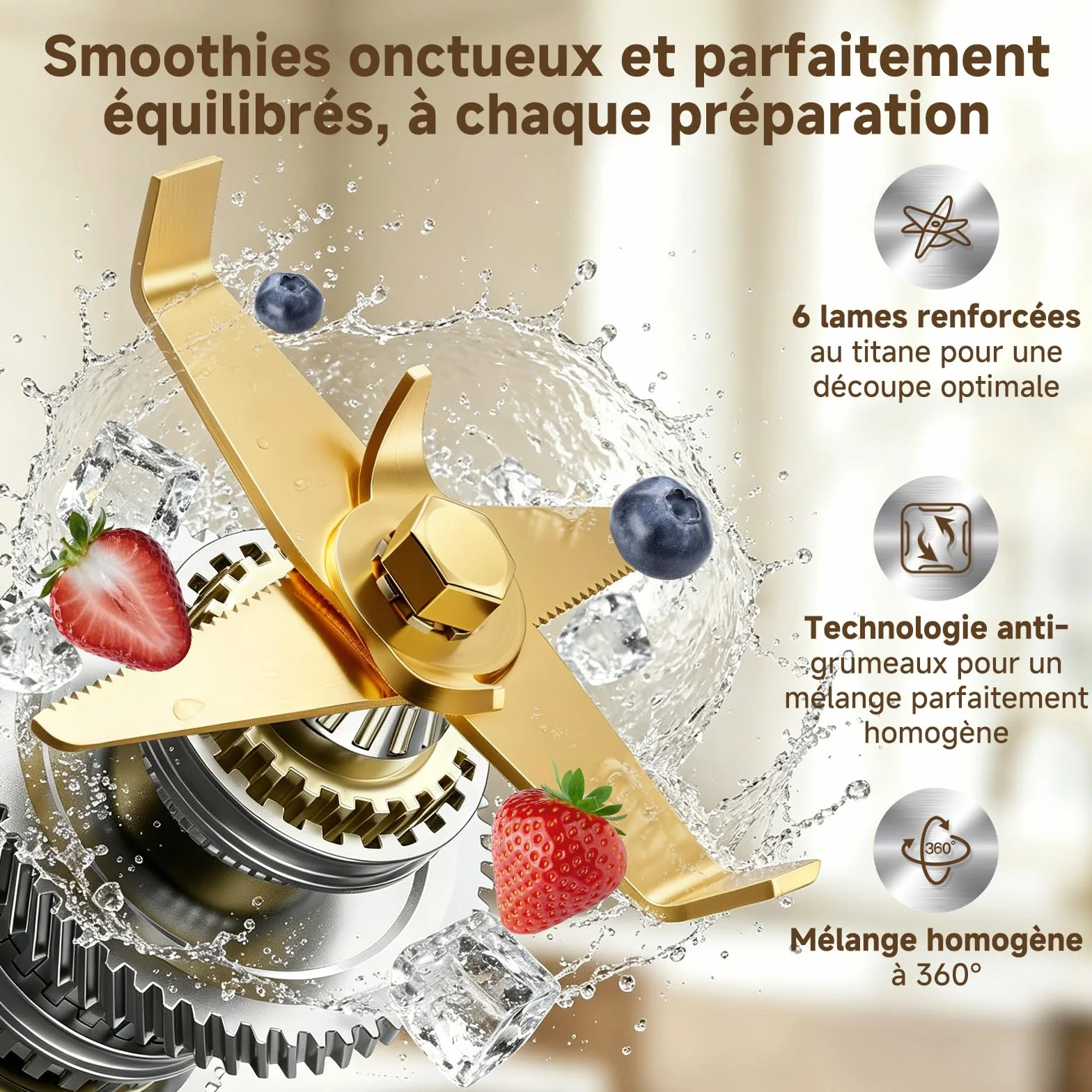 AMZCHEF Blender Électrique 1800W, Mixeur Haute Performance avec Bol 2L Tritan Sans BPA, 6 Lames en Acier Inoxydable Revêtement Titane, Smoothies, Glace Pilée, Shakes, Nettoyage Facile, Noir/Argent