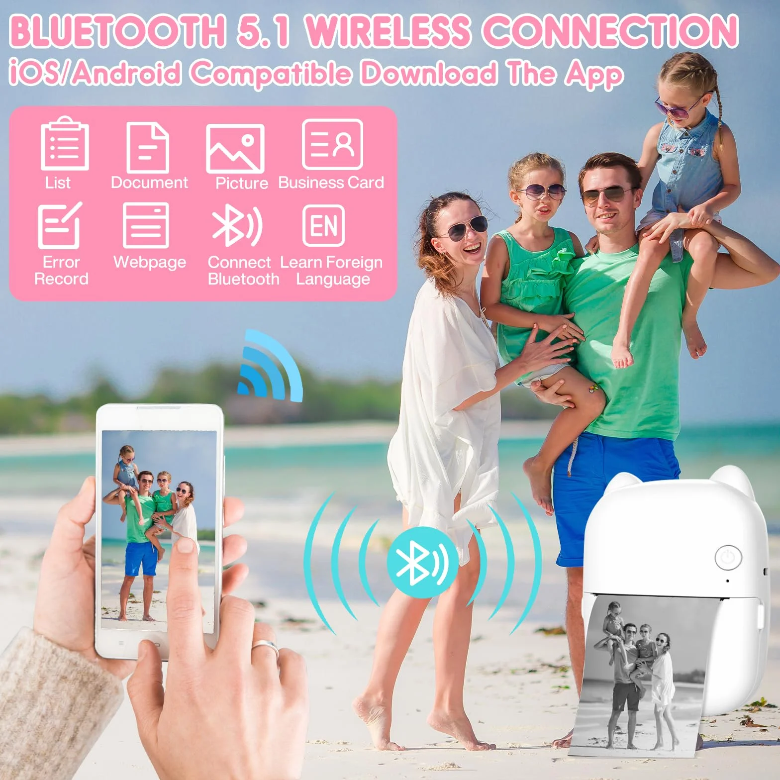 Mini Imprimante Photo Portable, Imprimante Thermique Instantanée sans Fil Bluetooth avec 14 Rouleaux de Papier pour iOS & Android