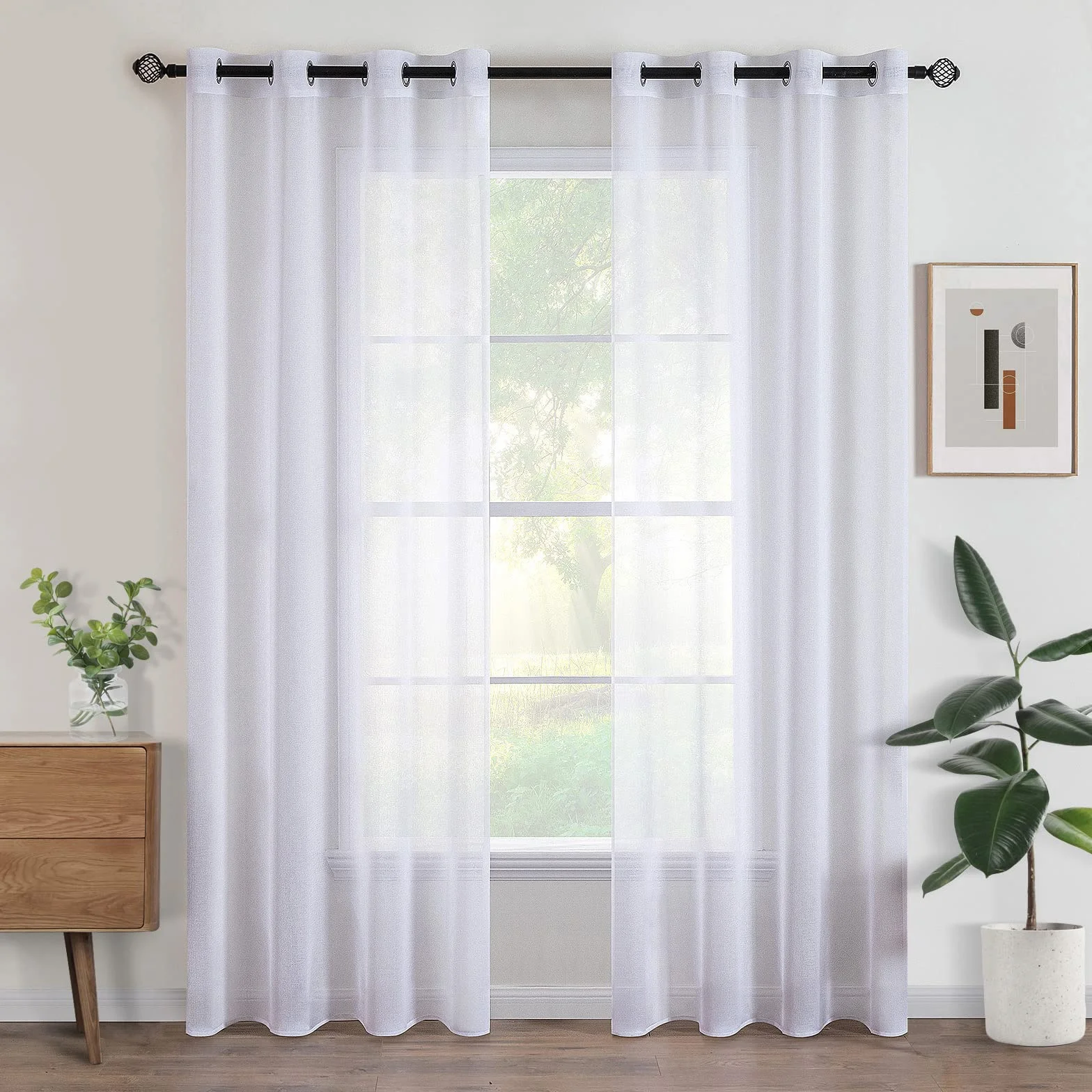 Lot de 2 Rideaux 140x225 cm Blanc Voilage à Oeillet Semi-Transparent pour Chambre Salon