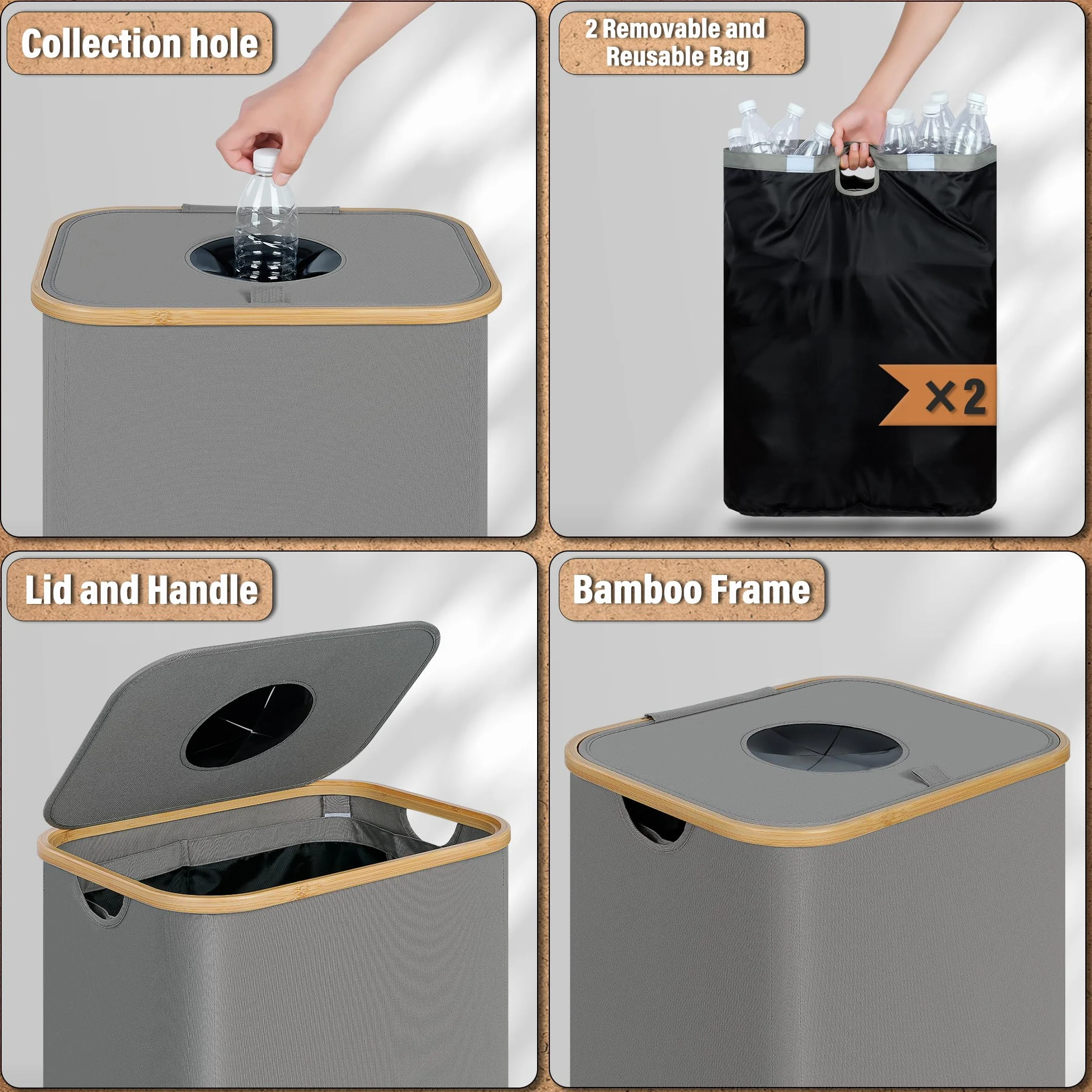 Poubelle de Recyclage 100L avec Couvercle, Collecteur de Bouteilles Consignées avec Deux Sacs de Transport