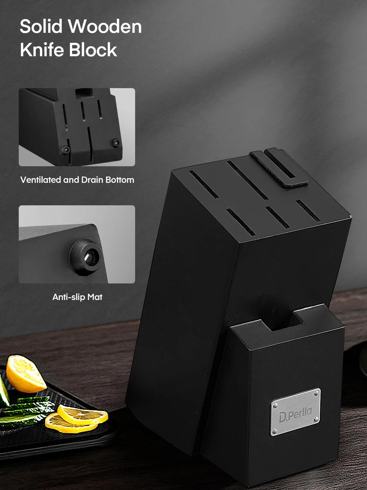 D.Perlla Couteau Cuisine, Bloc de Couteaux 7 pièces avec Affûteur Intégré, Bloc de Bois Noir, Couteaux Ciseaux, Acier Inoxydable, Manche Noir