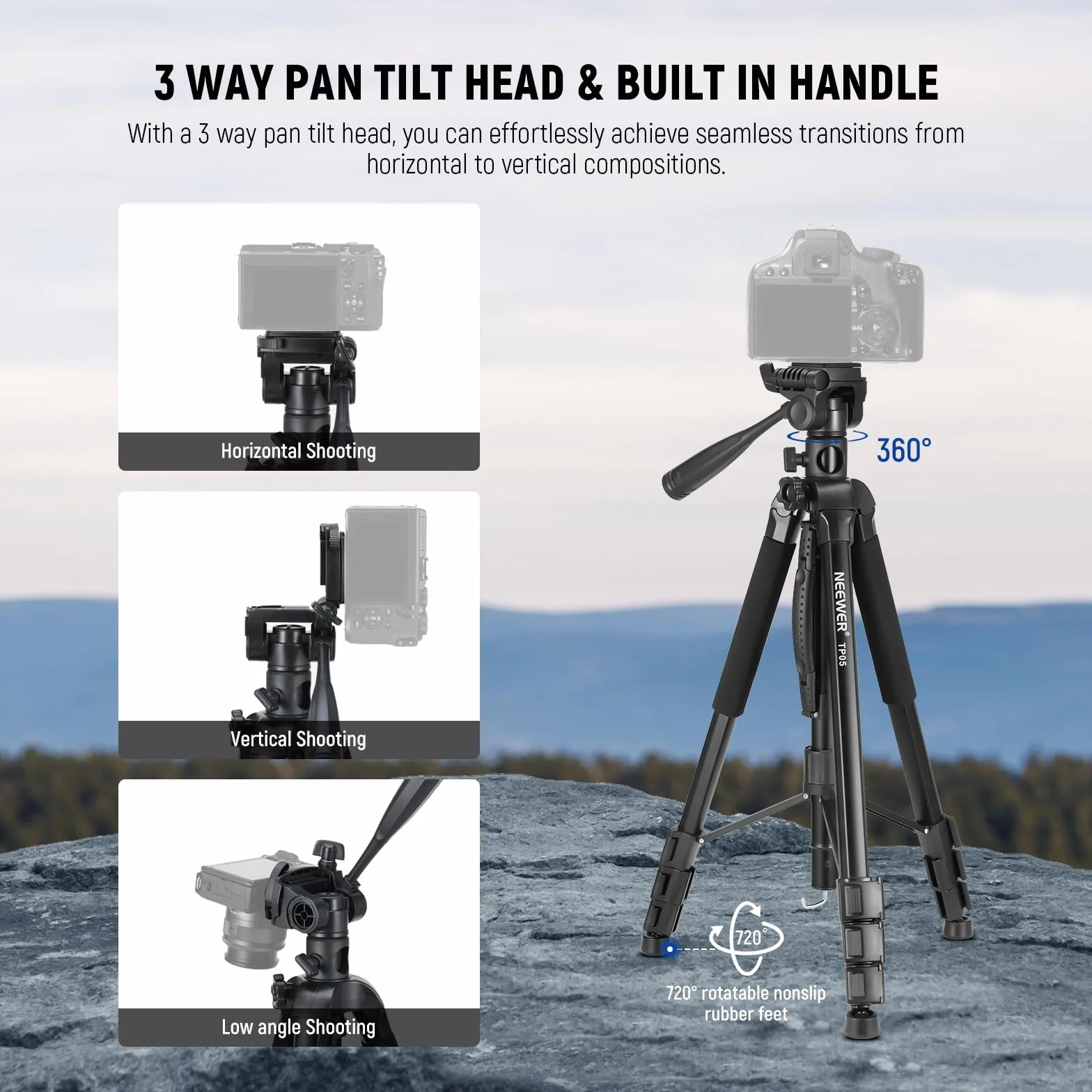 NEEWER BASICS TP05 188.0 cm statyw wideo monopod, 3-kierunkowy uchwyt na telefon z głowicą Pan Tilt, kompatybilny z iPhone DSLR, stojak do nagrywania podróży, uchwyt na kamerę górną, poprzeczkę