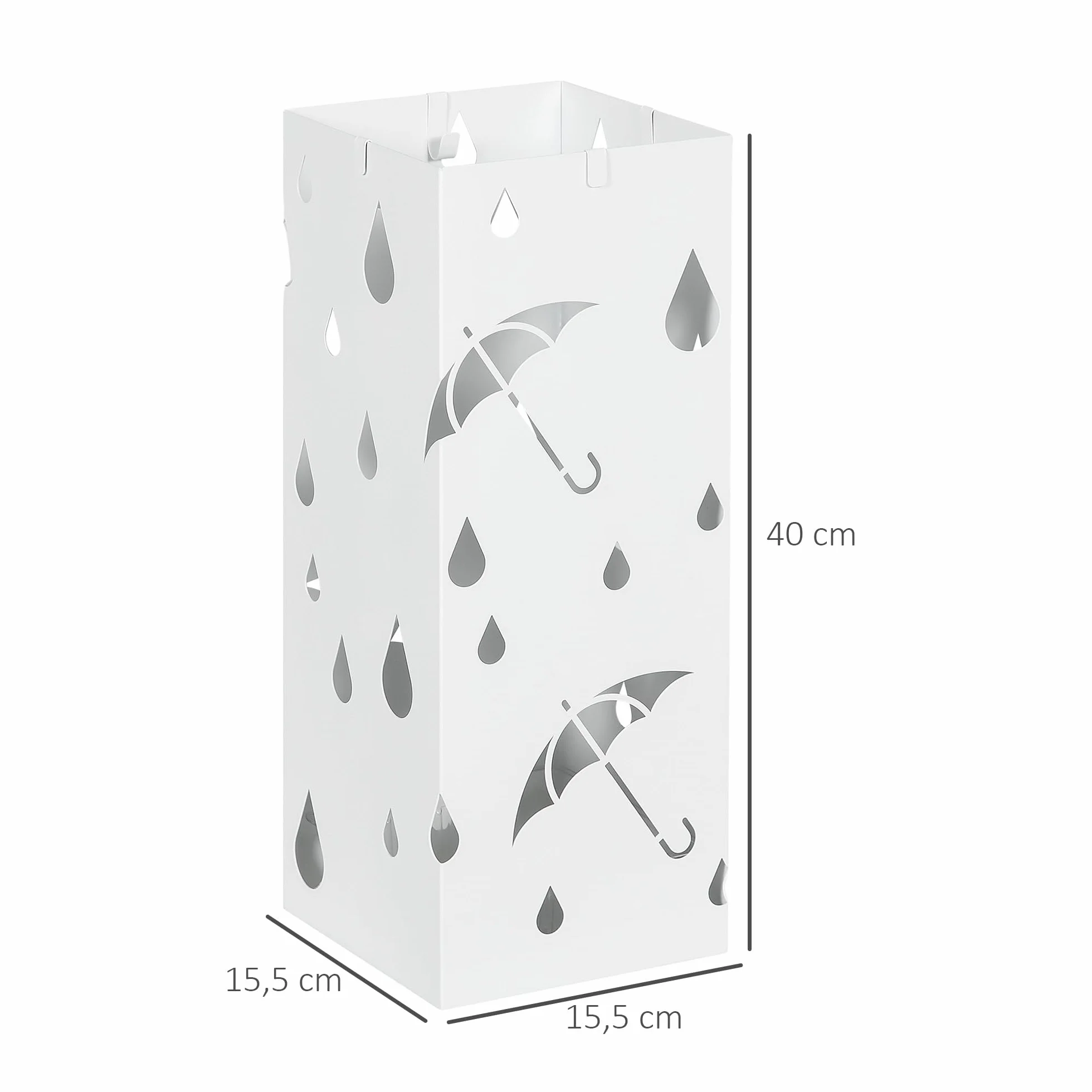 HOMCOM Porte-parapluie en acier carré 4 crochets bac récupération eau amovible 15,5x15,5x41 cm blanc