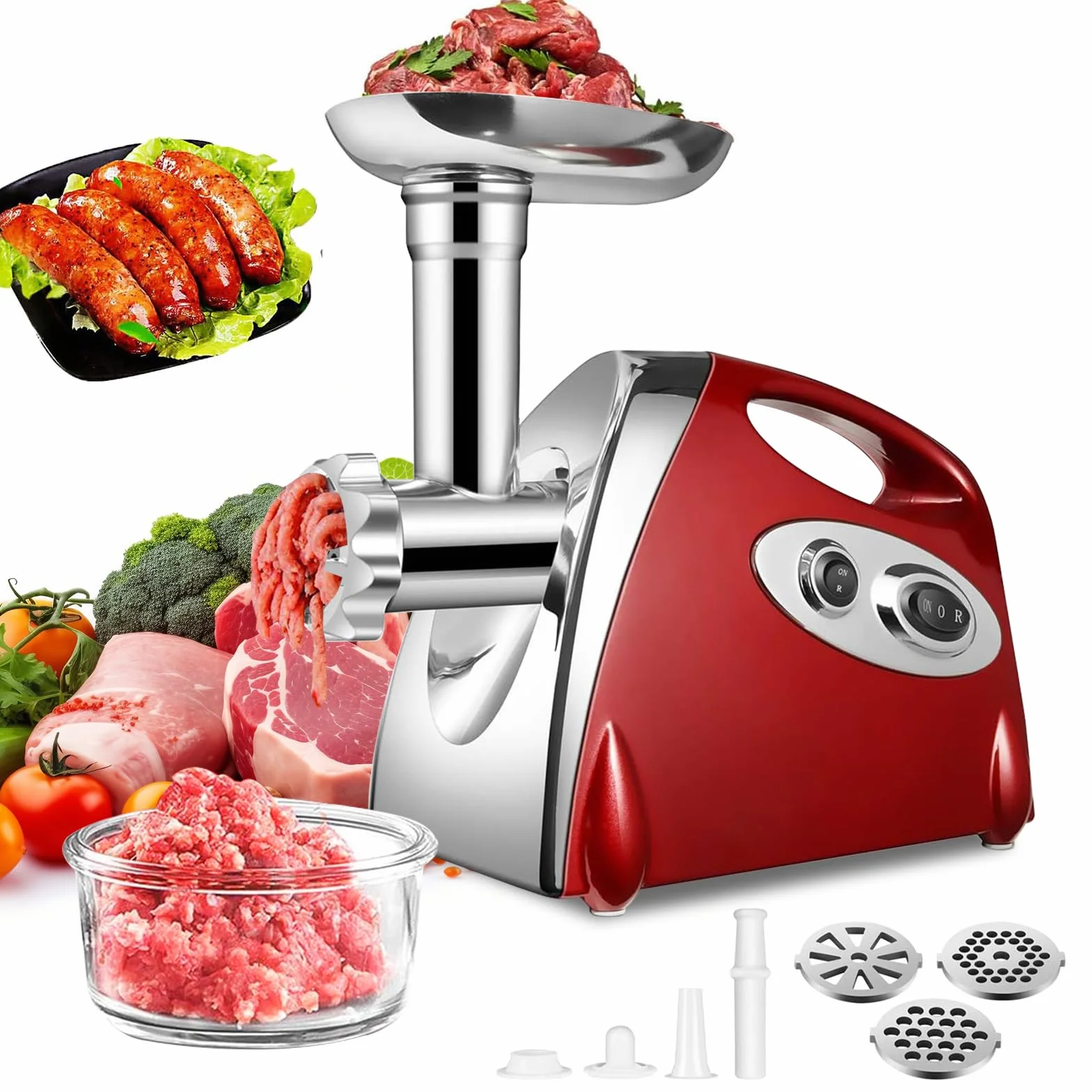 SINZUX Hachoir a Viande Électrique, 2800w, Meat Grinder avec 3 Plaques de Coupe (en Acier Inoxydable), Pour la Préparation Saucisses, Boulettes etc., Rouge