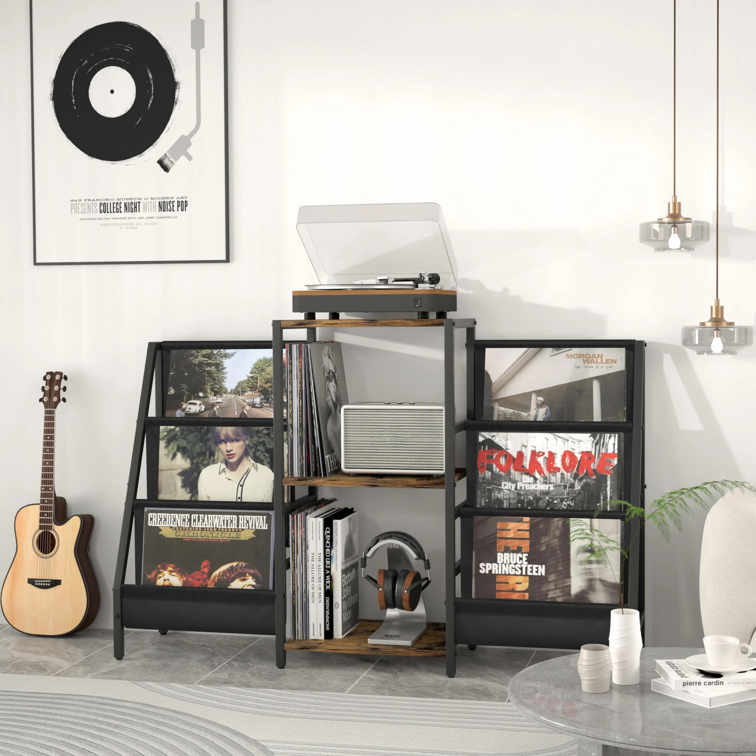 Bikoney Meuble Platine Vinyle avec Rangement pour 280 Albums, Support de Tourne-Disque avec Étagères de Stockage, Table pour Lecteur Vinyle et Système Stéréo, Style Rétro pour Salon