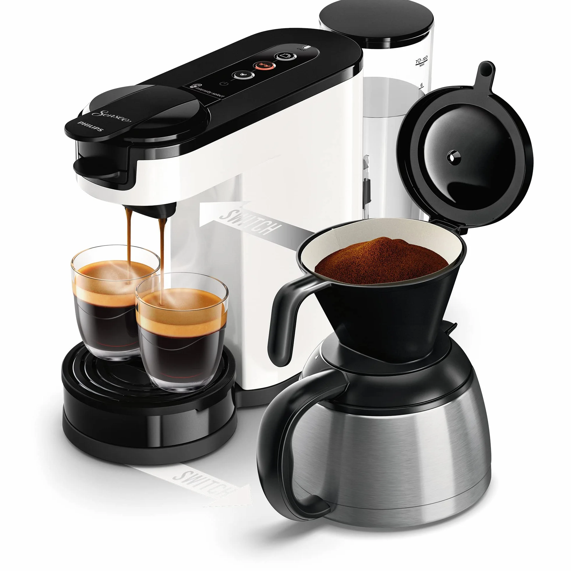 Philips Senseo Switch Machine à Café à Dosettes et Filtre - Technologie 2 en 1, Réservoir d'Eau de 1 L, 7 Tasses en une Seule Fois, Couleur Blanc Titane (HD6592/05)