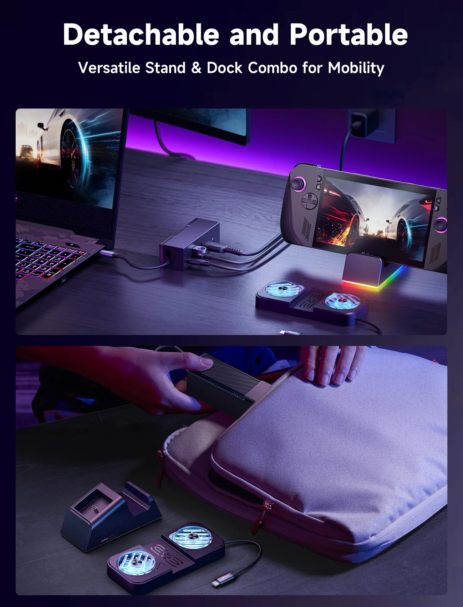 JSAUX Stacja dokująca do ROG Ally X/ROG Ally/Steam Deck/Legion Go, stacja dokująca 7 w 1 do ROG Ally X z wentylatorem chłodzącym RGB, HDMI 4K@120Hz, Gigabit Ethernet, Dual USB i USB C 3.0, ładowanie