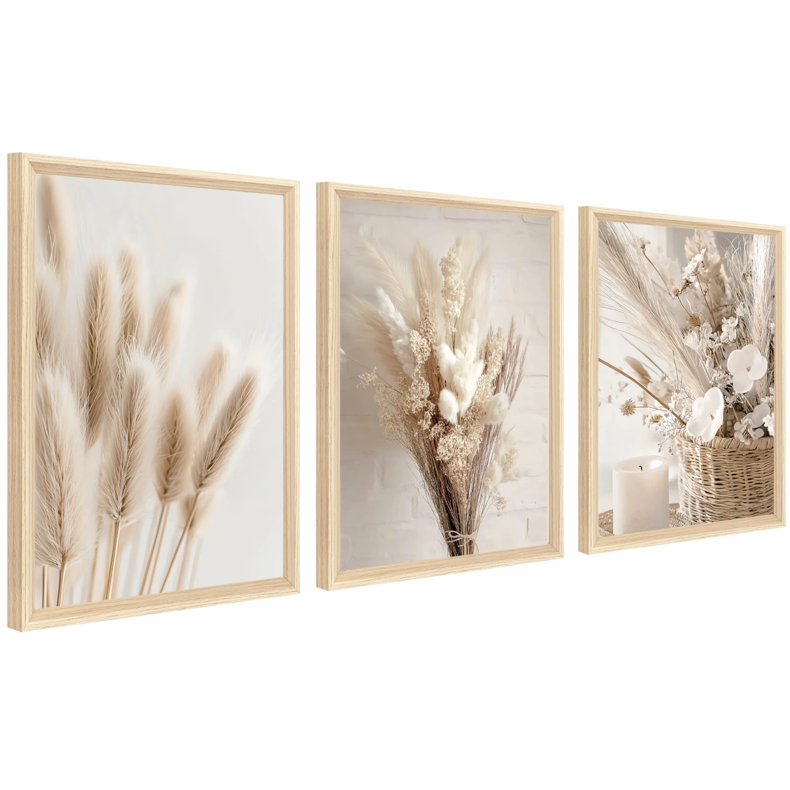 Cadre en bois Impression sur Toile Beige Boho Tableau Peinture Affiche Fleur nordique Sauge Herbe Séchée Decoration Murale 30x40cm x3