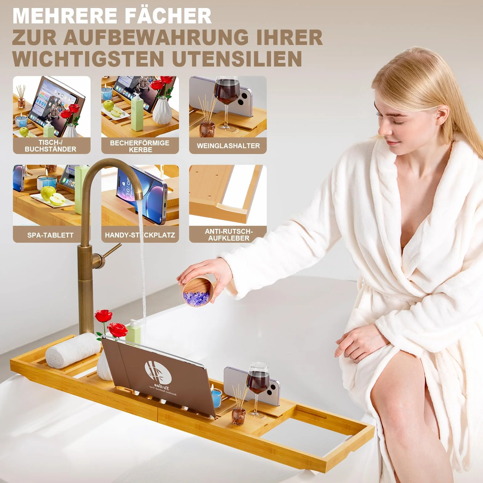Plateau de baignoire extensible en bambou 1-2 personnes bois tissu de luxe