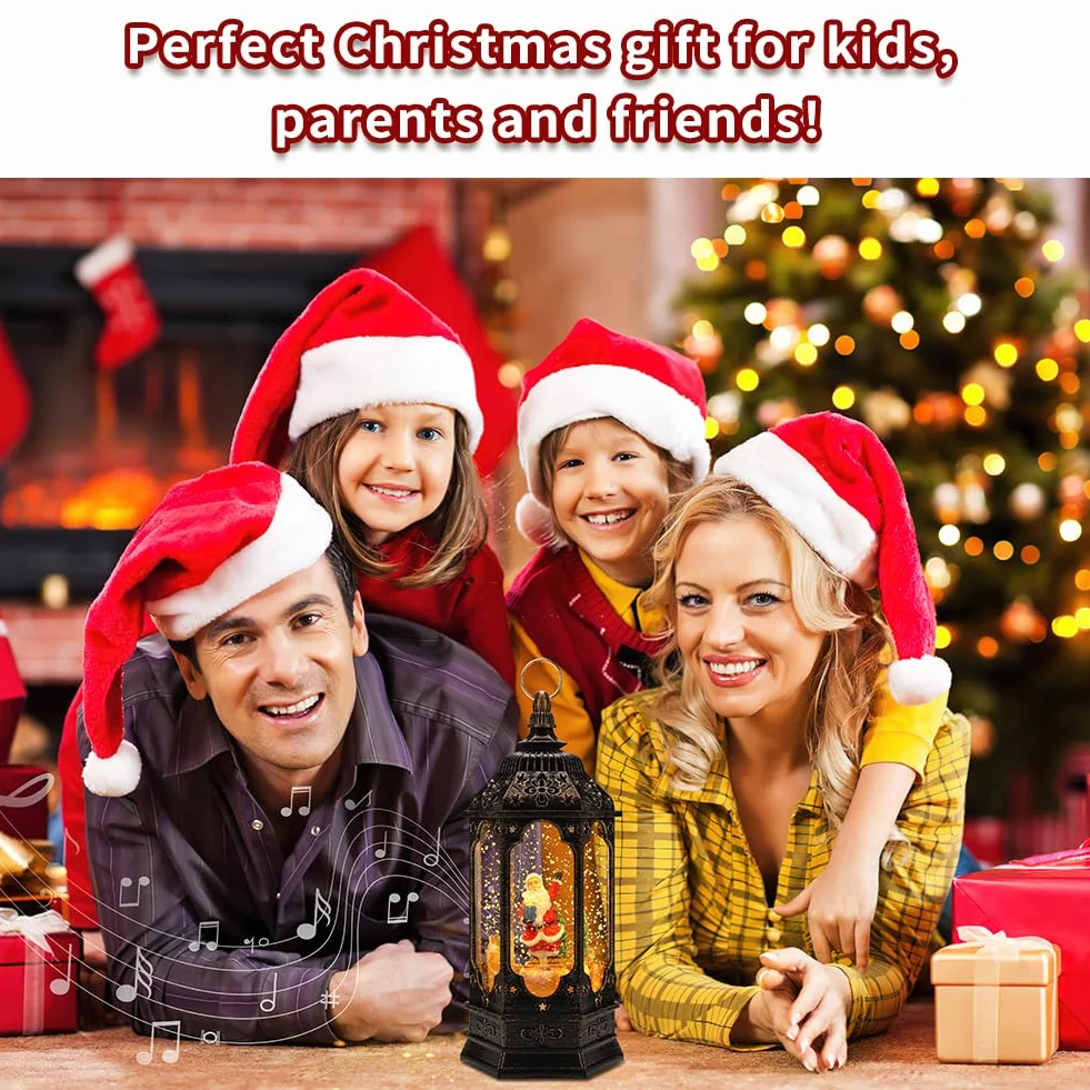 Lanterne Noel,Lanterne Boule à Neige Musicale LED de Noël,Lampe de Noel Lumineux Bonhomme et Flocon de Neige avec Christmas Songs, pour Décoration Noel Intérieure, Prise USB ou Alimenté par Pile