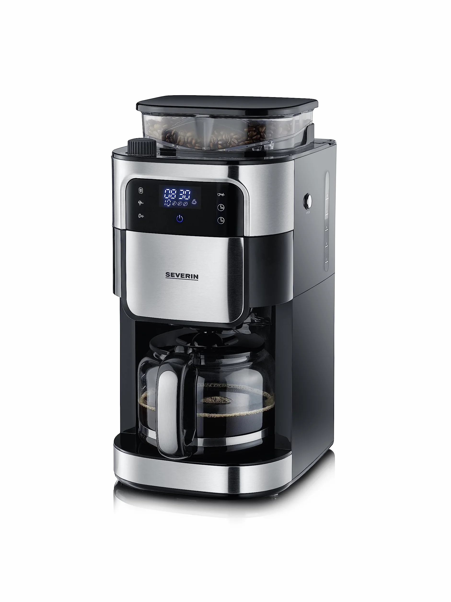 SEVERIN Cafetière Filtre Avec Broyeur, 1 000W, 1,4L, Jusqu'à 10 tasses, Sélecteur d'arôme, Ecran tactile, Inox Brossé/Noir,KA 4813, 43.50